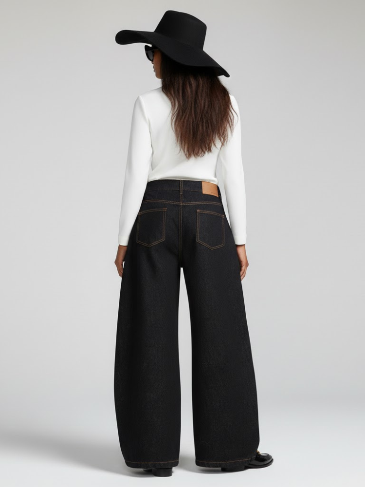 Black Wide-Leg Denim Jeans with Contrast Stitching • BYMANYC ® New York
