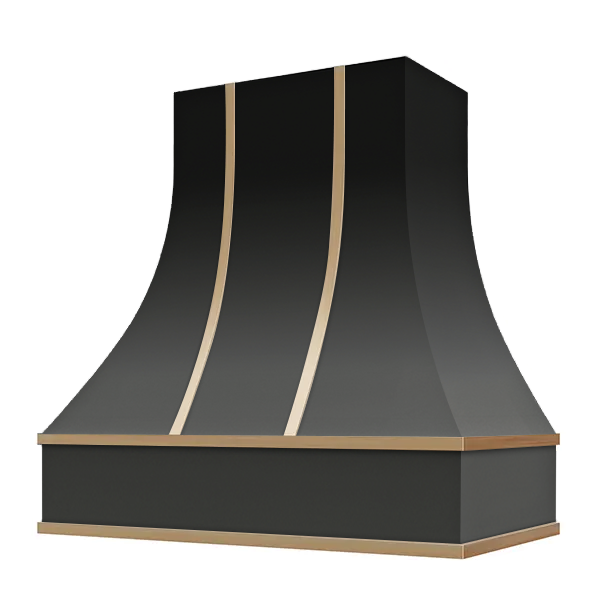 Black Range Hood With Curved Front and Brass Strapping - 30