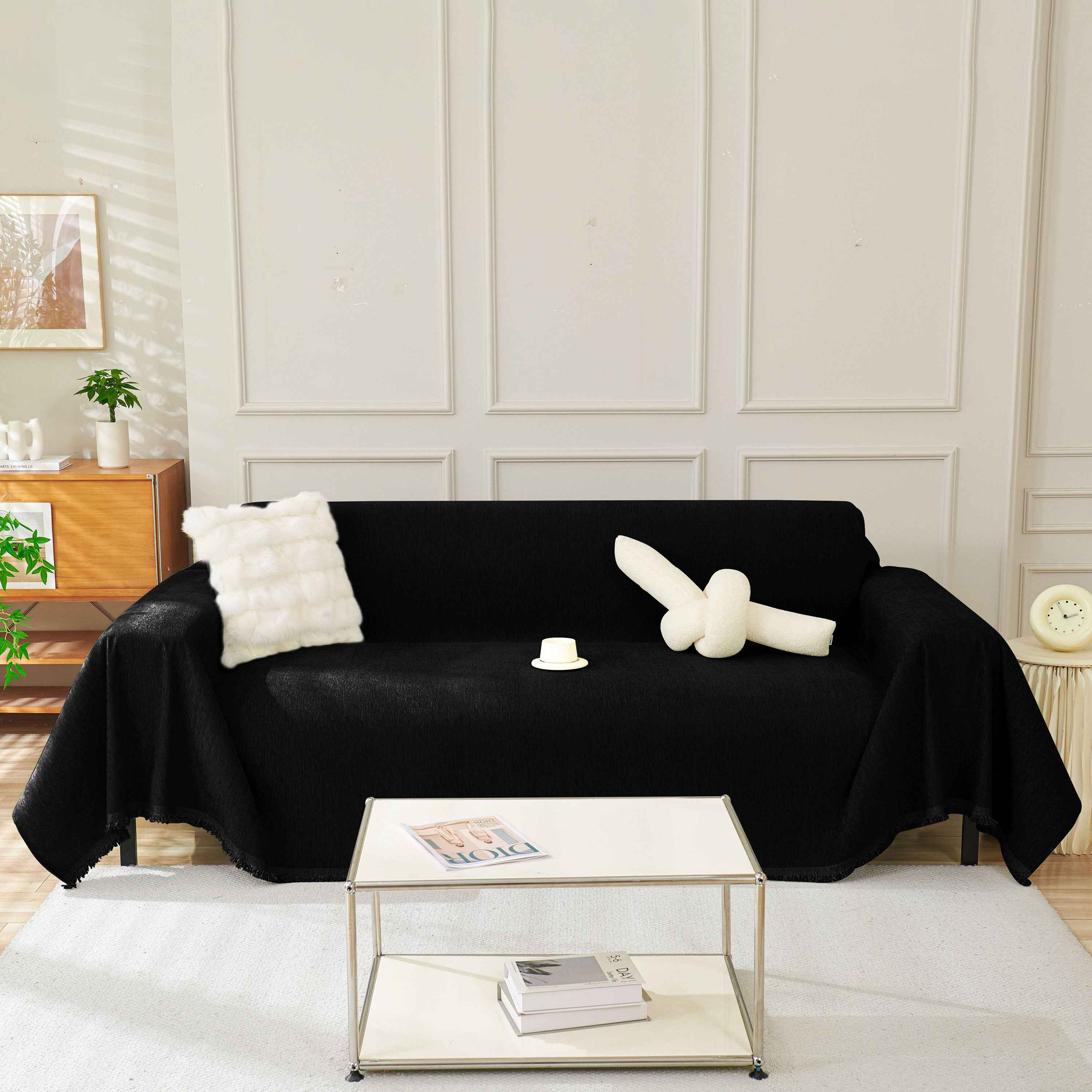 Solid Color Chenille Sofa Throw Blanket, Soft & Plush Decorative Couch Throw Cover