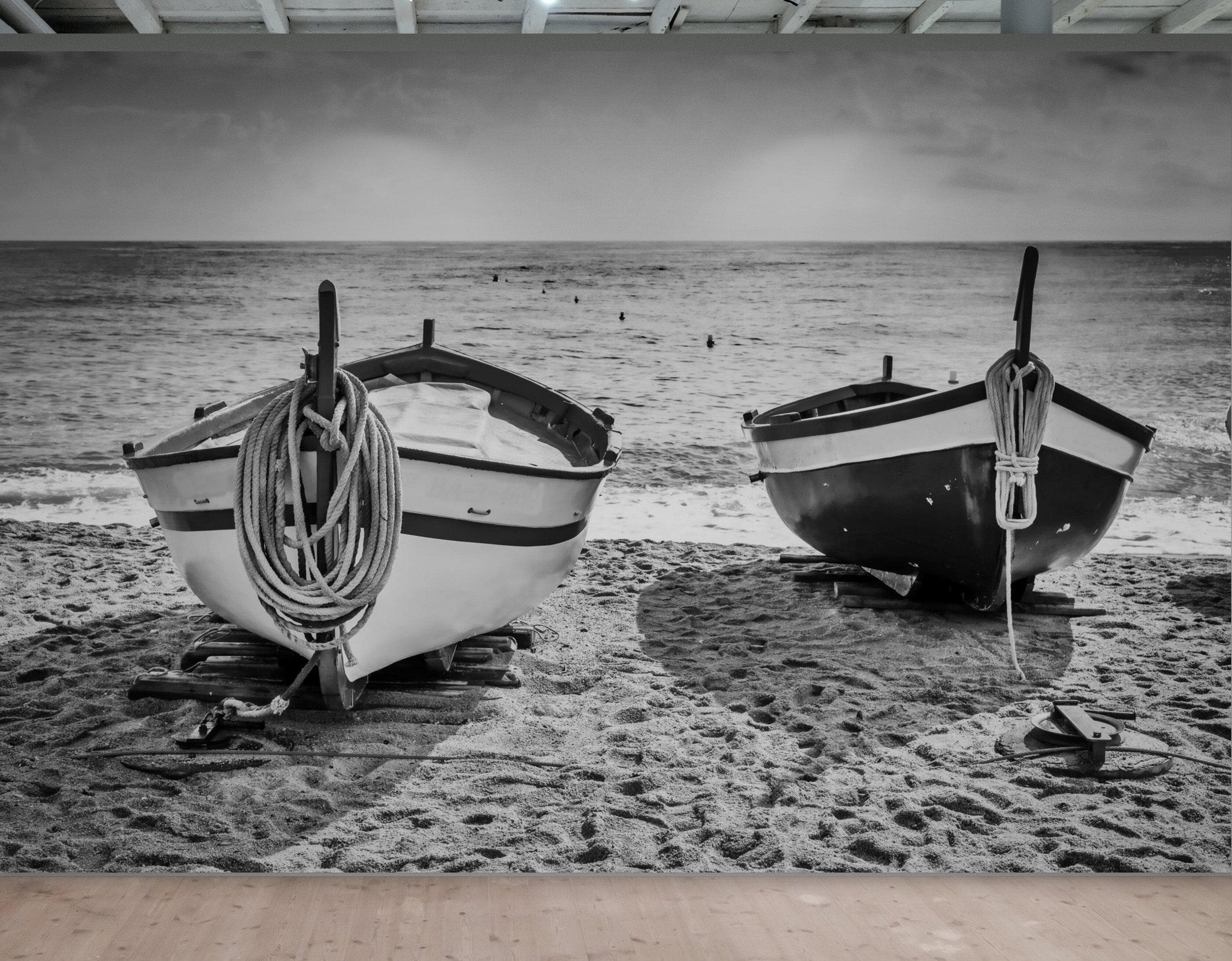 Black and White Nautical Theme Wallpaper Mural. Boat on Shore Wall Mural. #FT-380