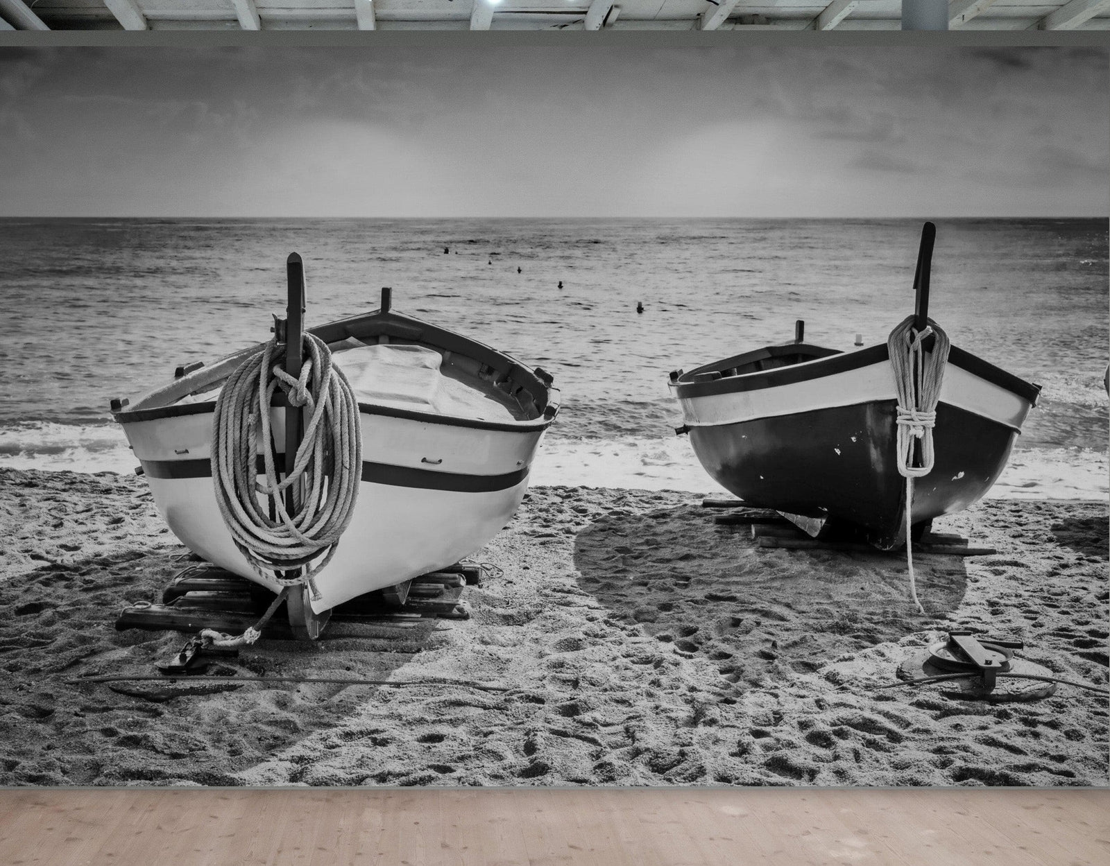 Black and White Nautical Theme Wallpaper Mural. Boat on Shore Wall Mural. #FT-380