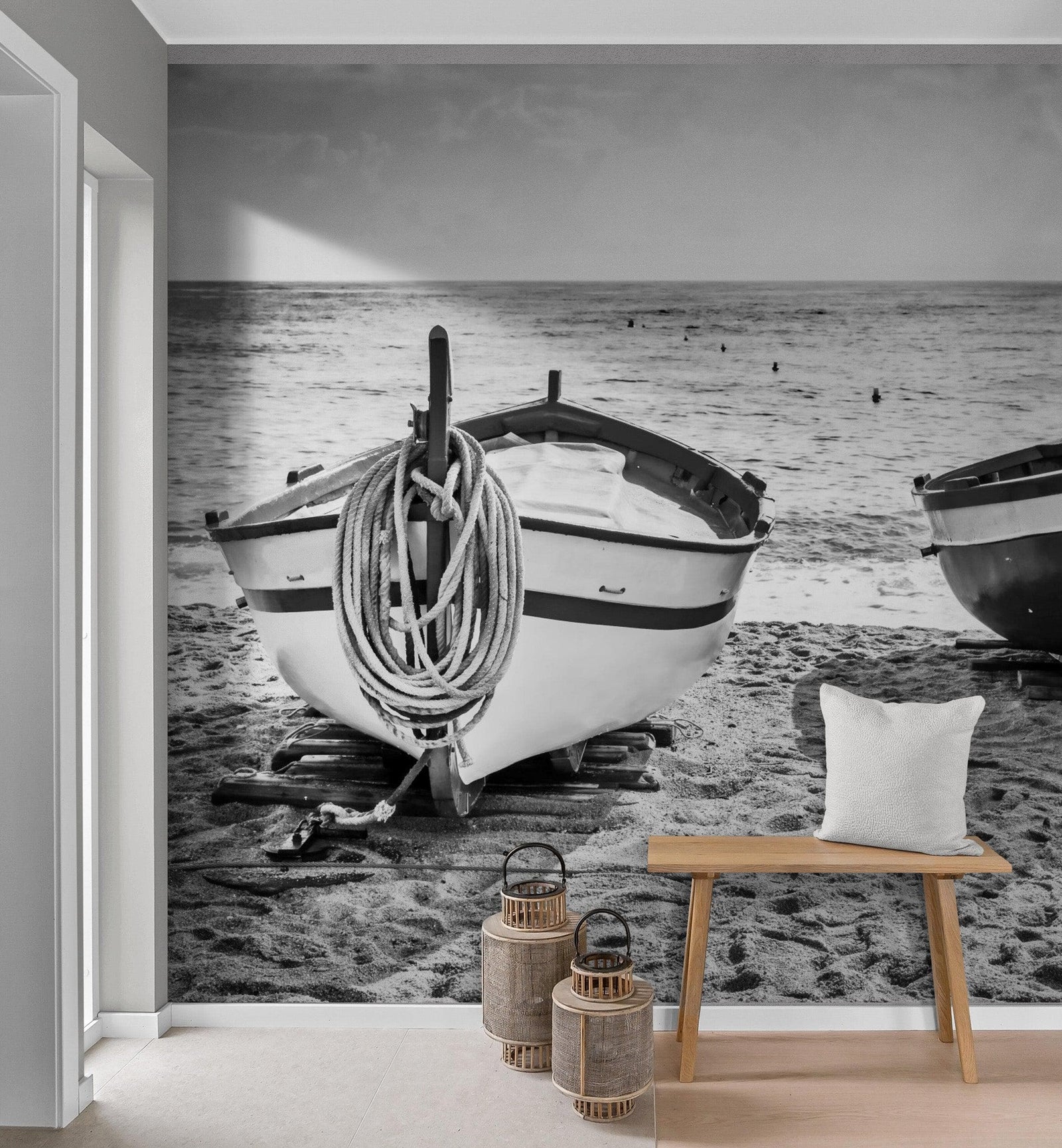 Black and White Nautical Theme Wallpaper Mural. Boat on Shore Wall Mural. #FT-380