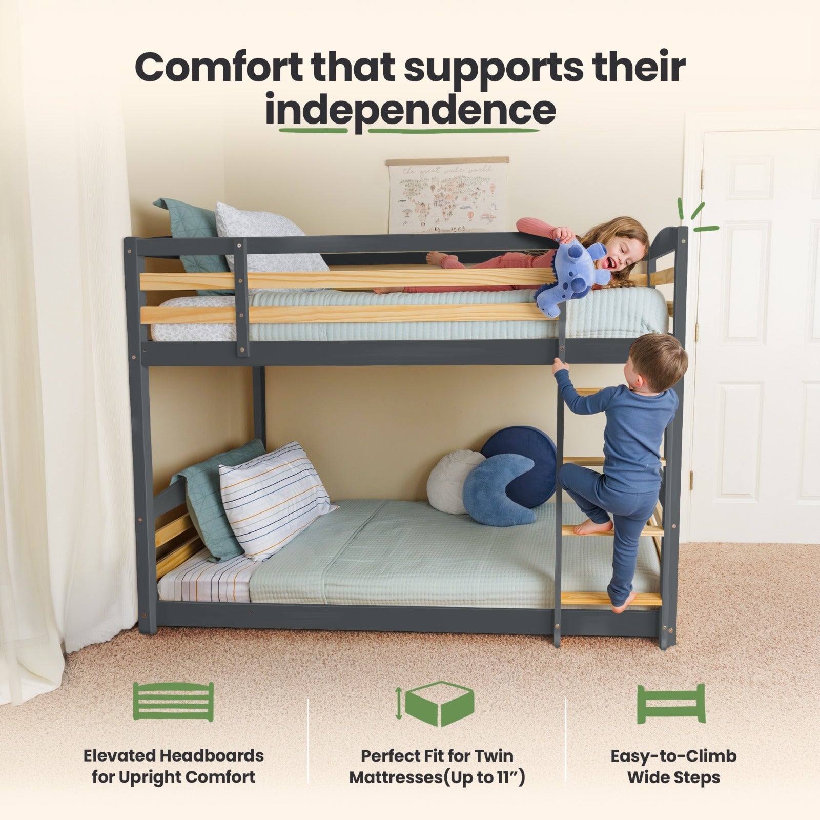 Solid Wood Twin Over Twin Bunk Bed For Kids