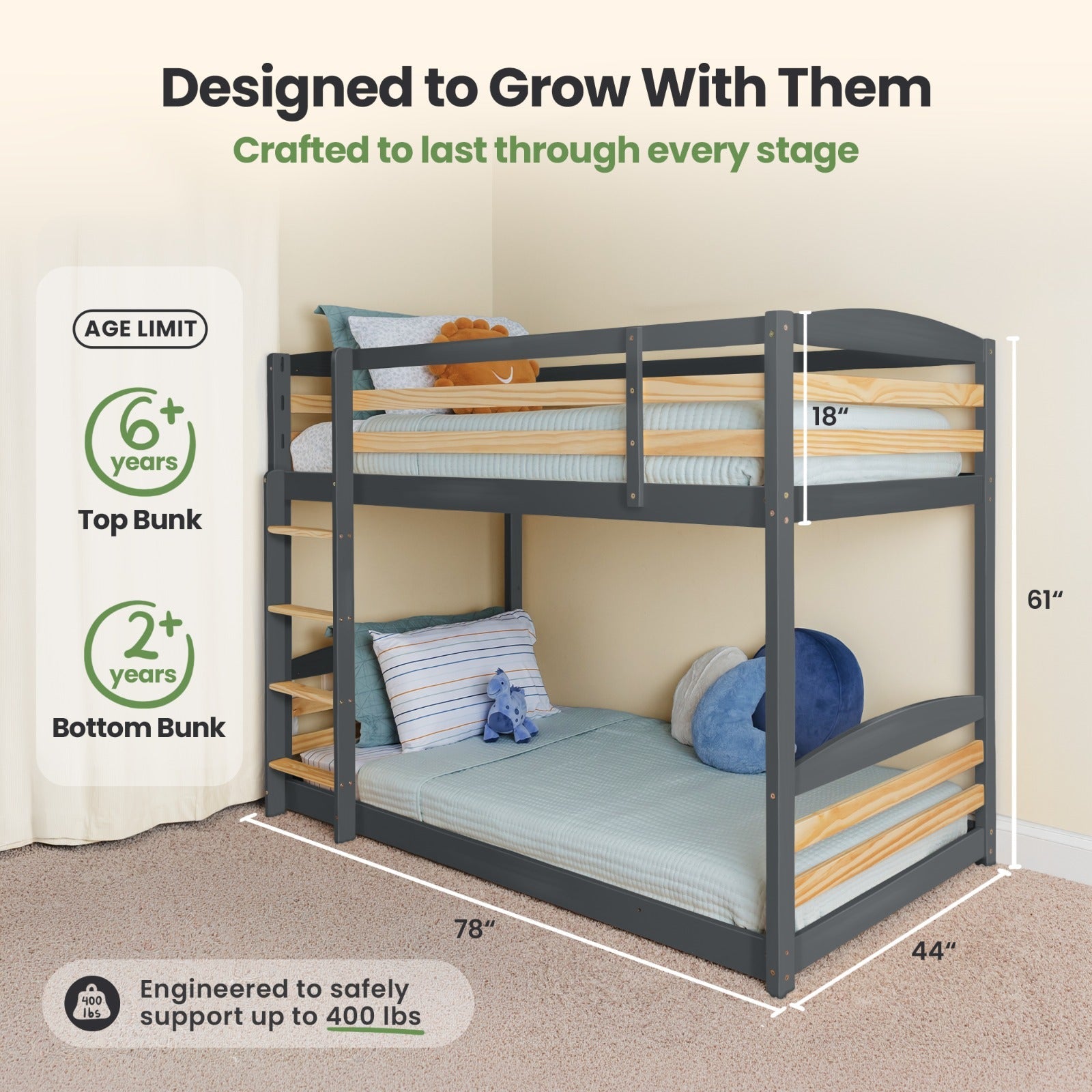Solid Wood Twin Over Twin Bunk Bed For Kids
