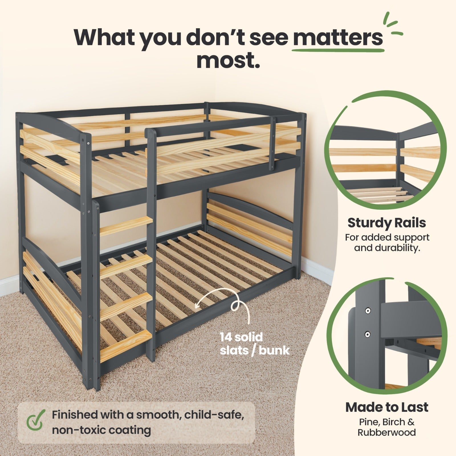 Solid Wood Twin Over Twin Bunk Bed For Kids