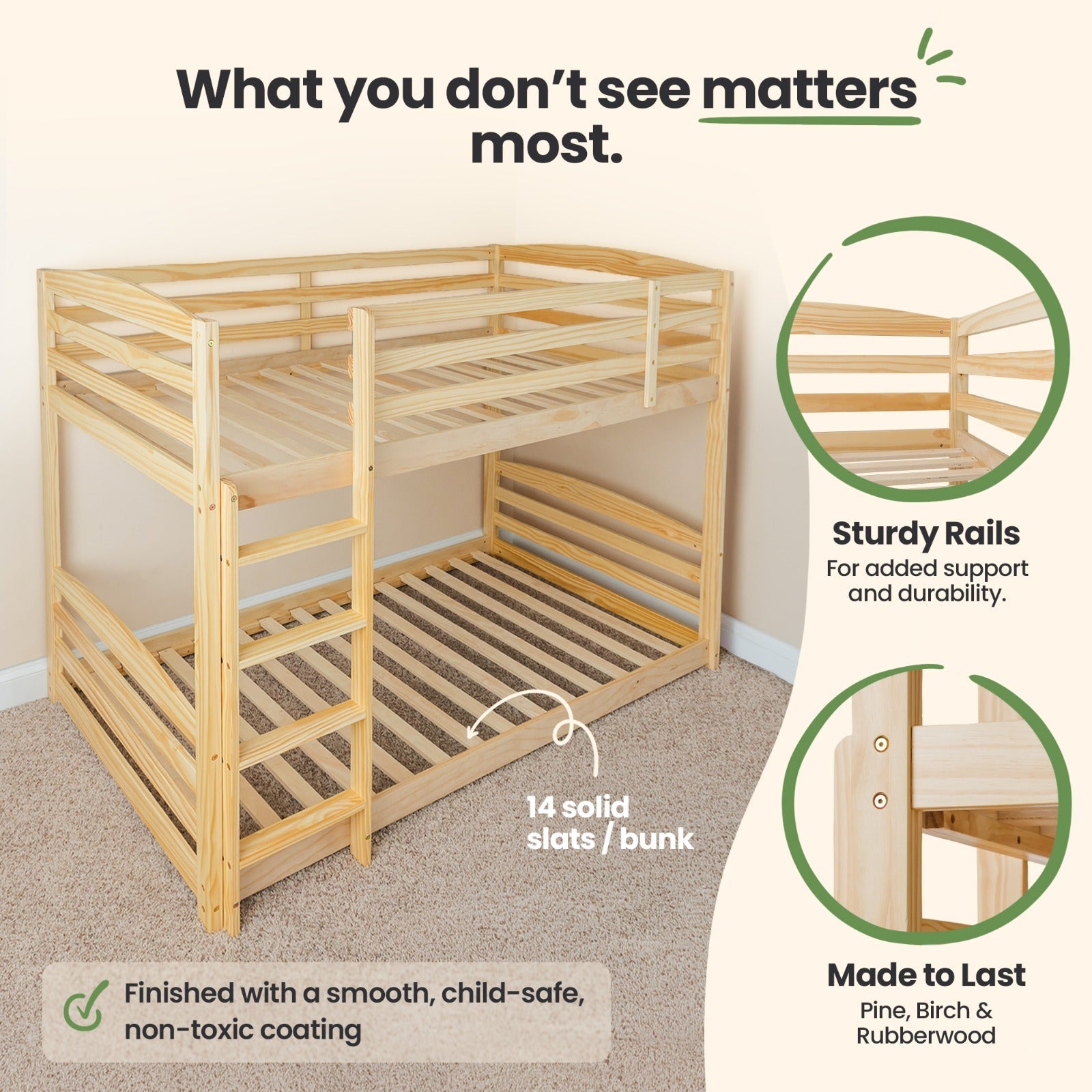 Solid Wood Twin Over Twin Bunk Bed For Kids