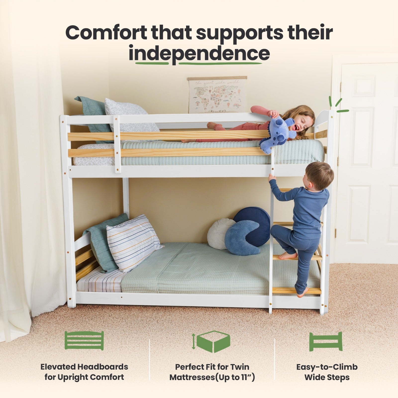 Solid Wood Twin Over Twin Bunk Bed For Kids