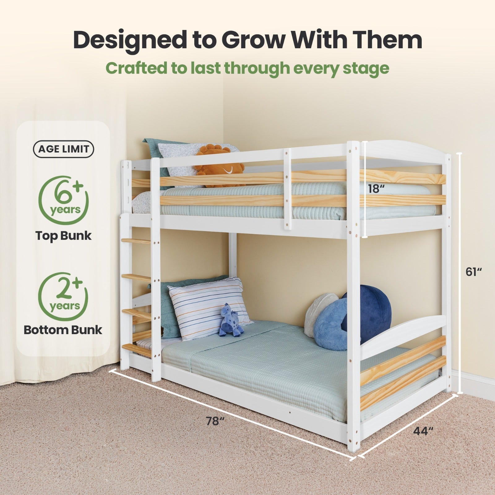 Solid Wood Twin Over Twin Bunk Bed For Kids