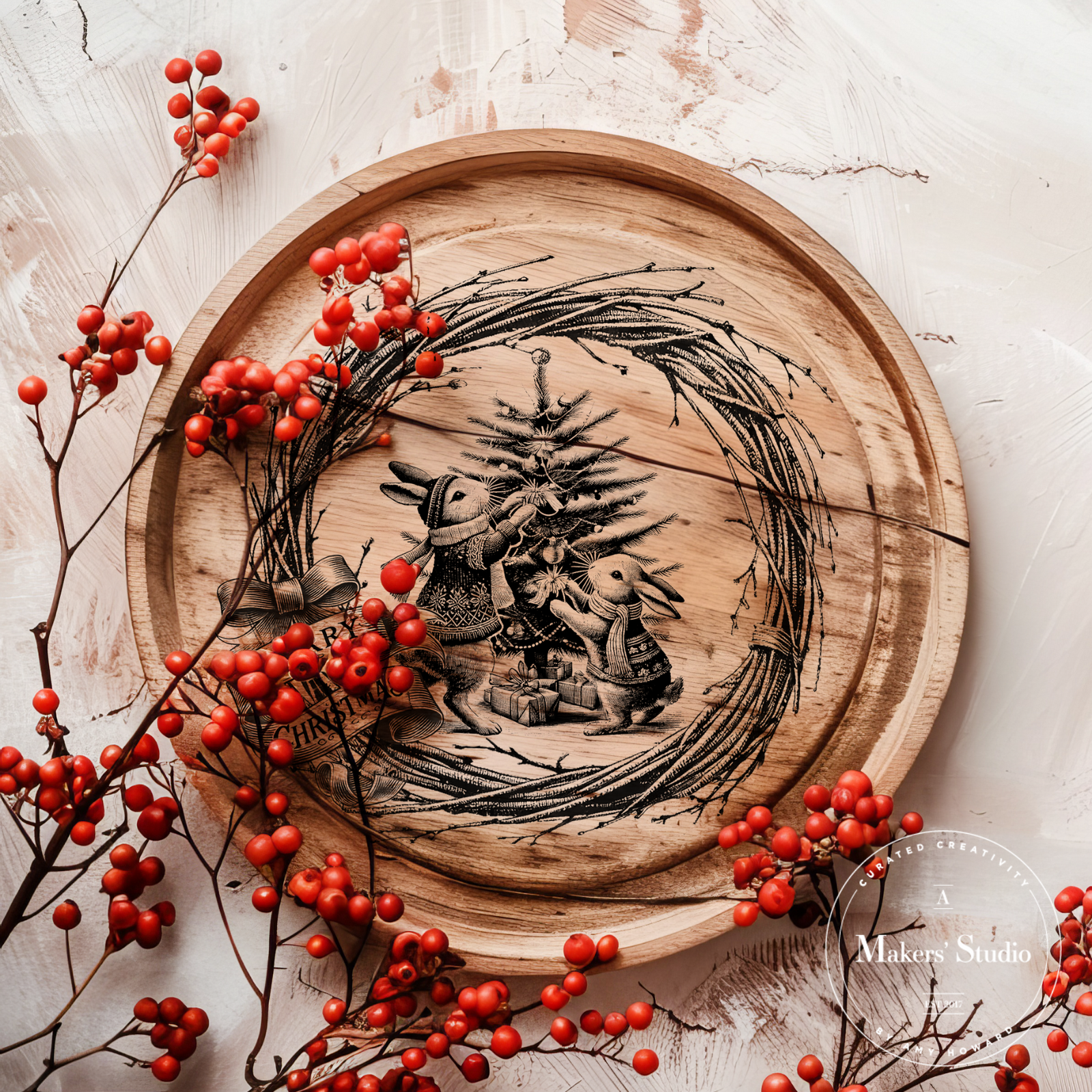 Christmas Bunny Wreath - Mesh Stencil 10x10