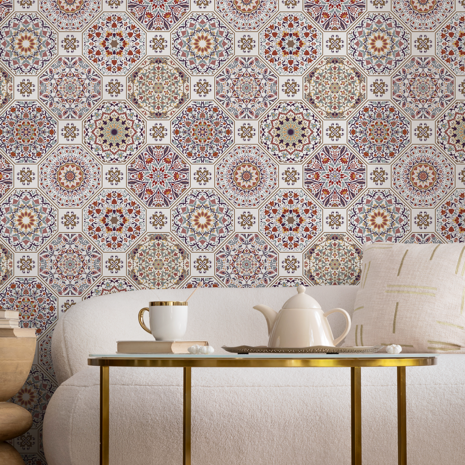 Tile Wallpaper with Intricate Mandala Motifs in Red, Purple, and Gold - C187