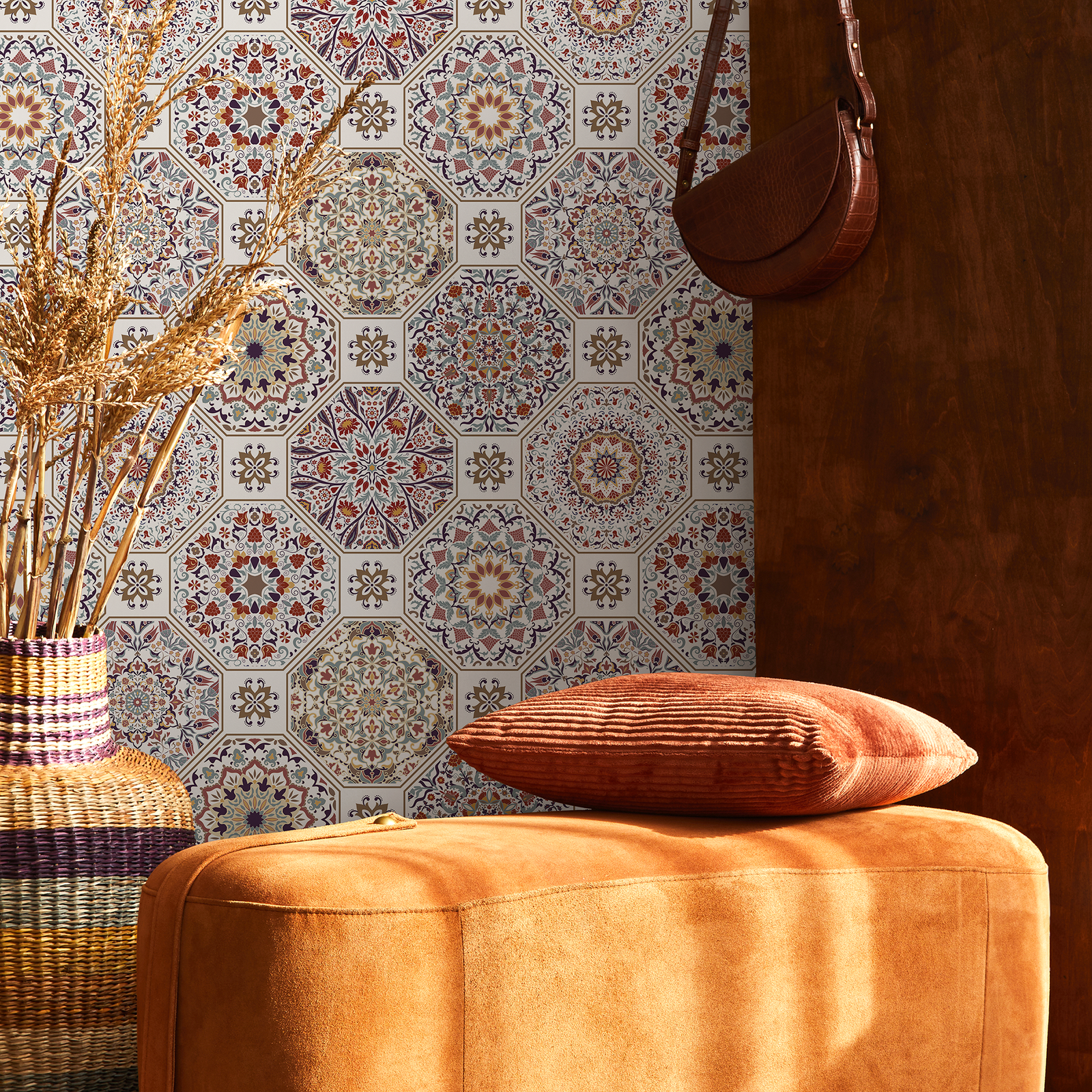 Tile Wallpaper with Intricate Mandala Motifs in Red, Purple, and Gold - C187
