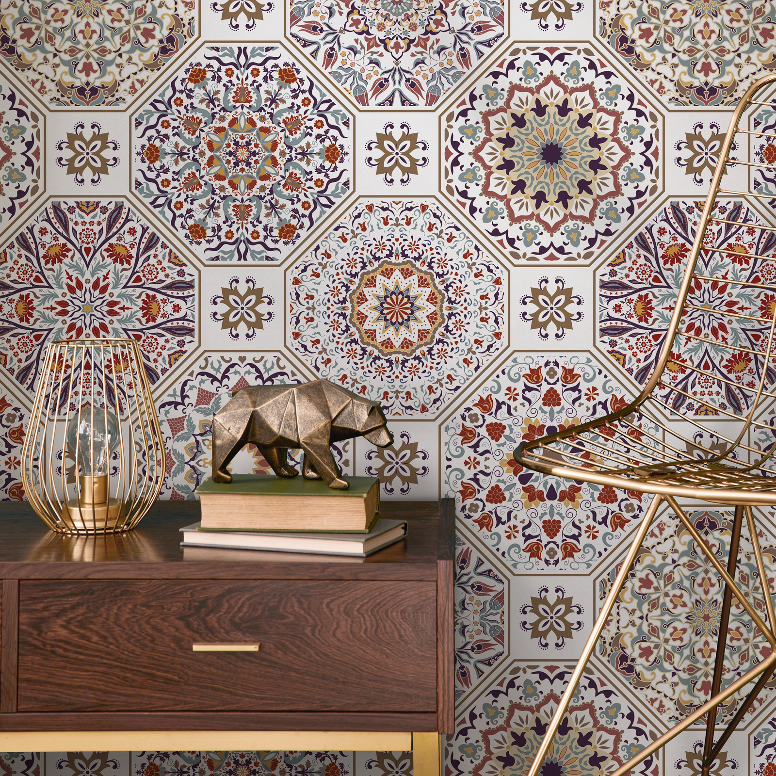 Tile Wallpaper with Intricate Mandala Motifs in Red, Purple, and Gold - C187