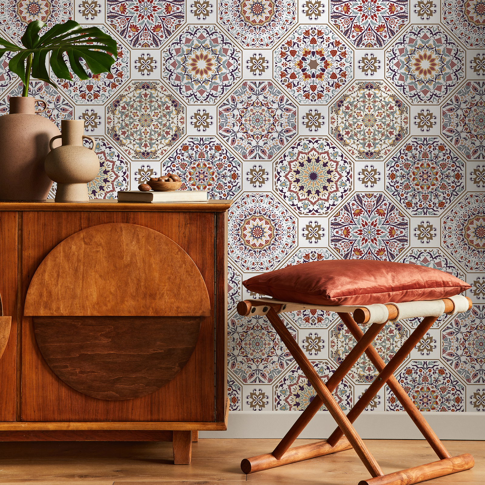 Tile Wallpaper with Intricate Mandala Motifs in Red, Purple, and Gold - C187