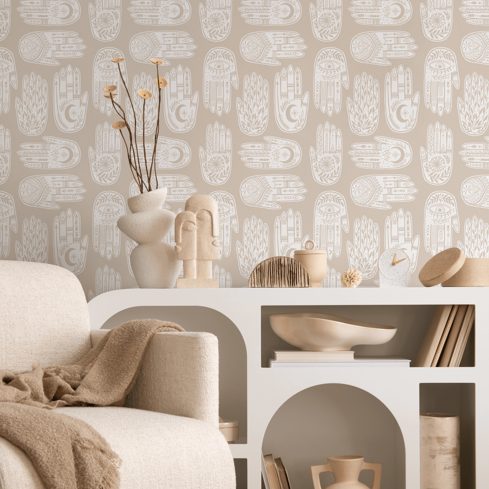 Bohemian Wallpaper featuring Hamsa Hand Motifs in Beige and White - C273
