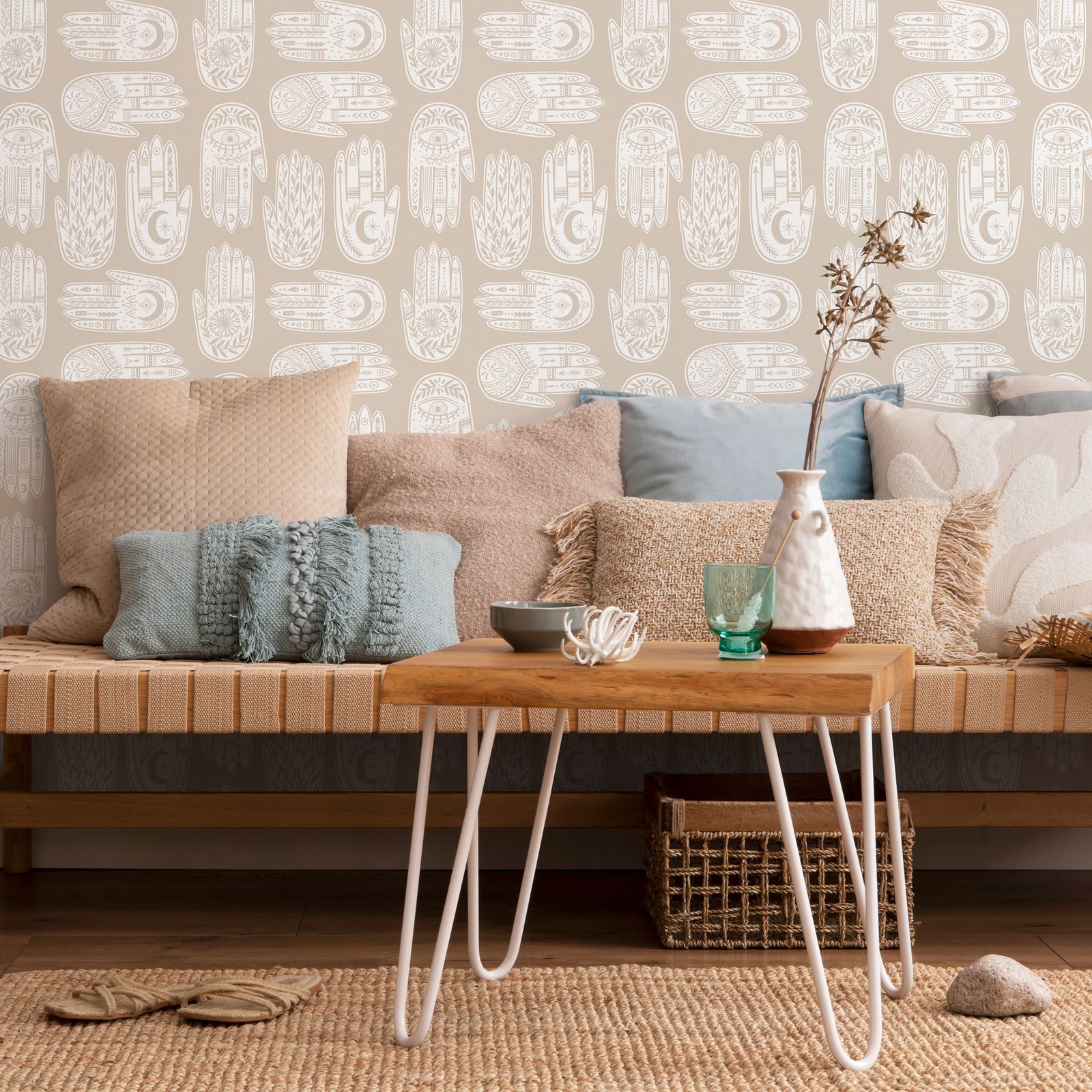 Bohemian Wallpaper featuring Hamsa Hand Motifs in Beige and White - C273