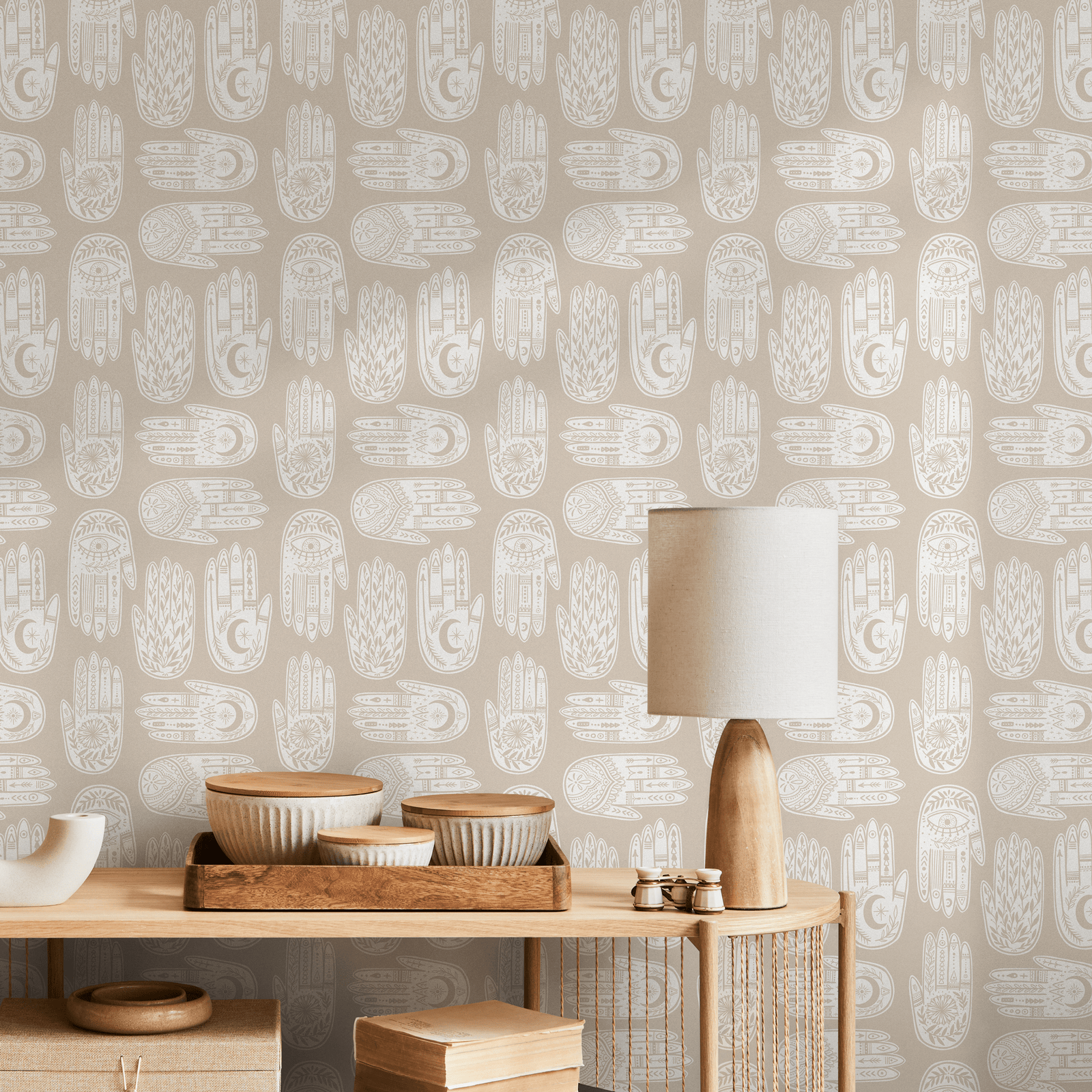 Bohemian Wallpaper featuring Hamsa Hand Motifs in Beige and White - C273