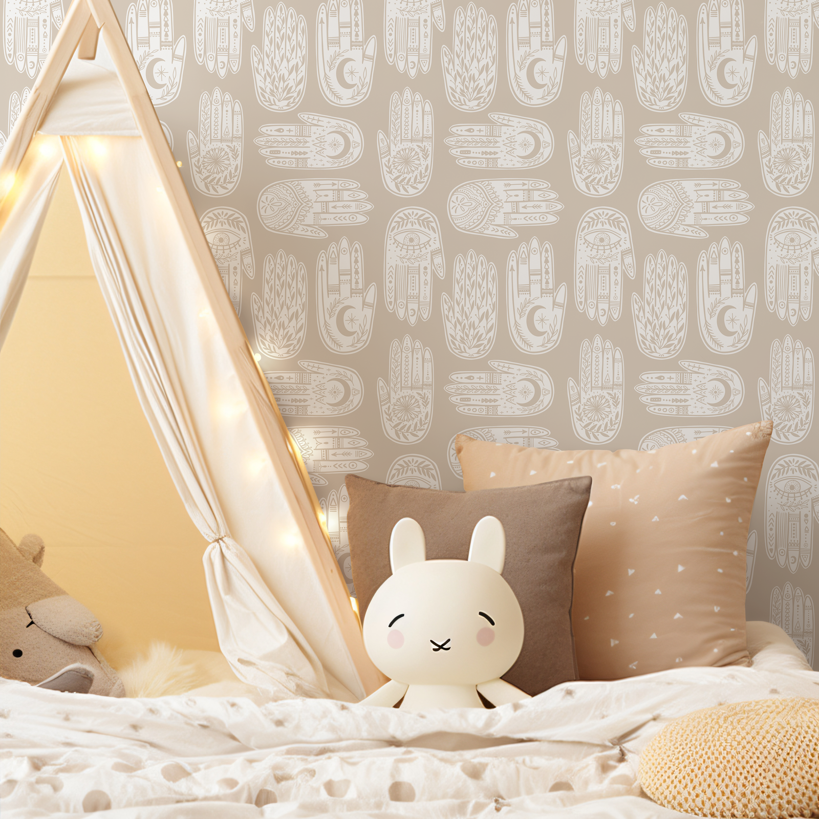 Bohemian Wallpaper featuring Hamsa Hand Motifs in Beige and White - C273