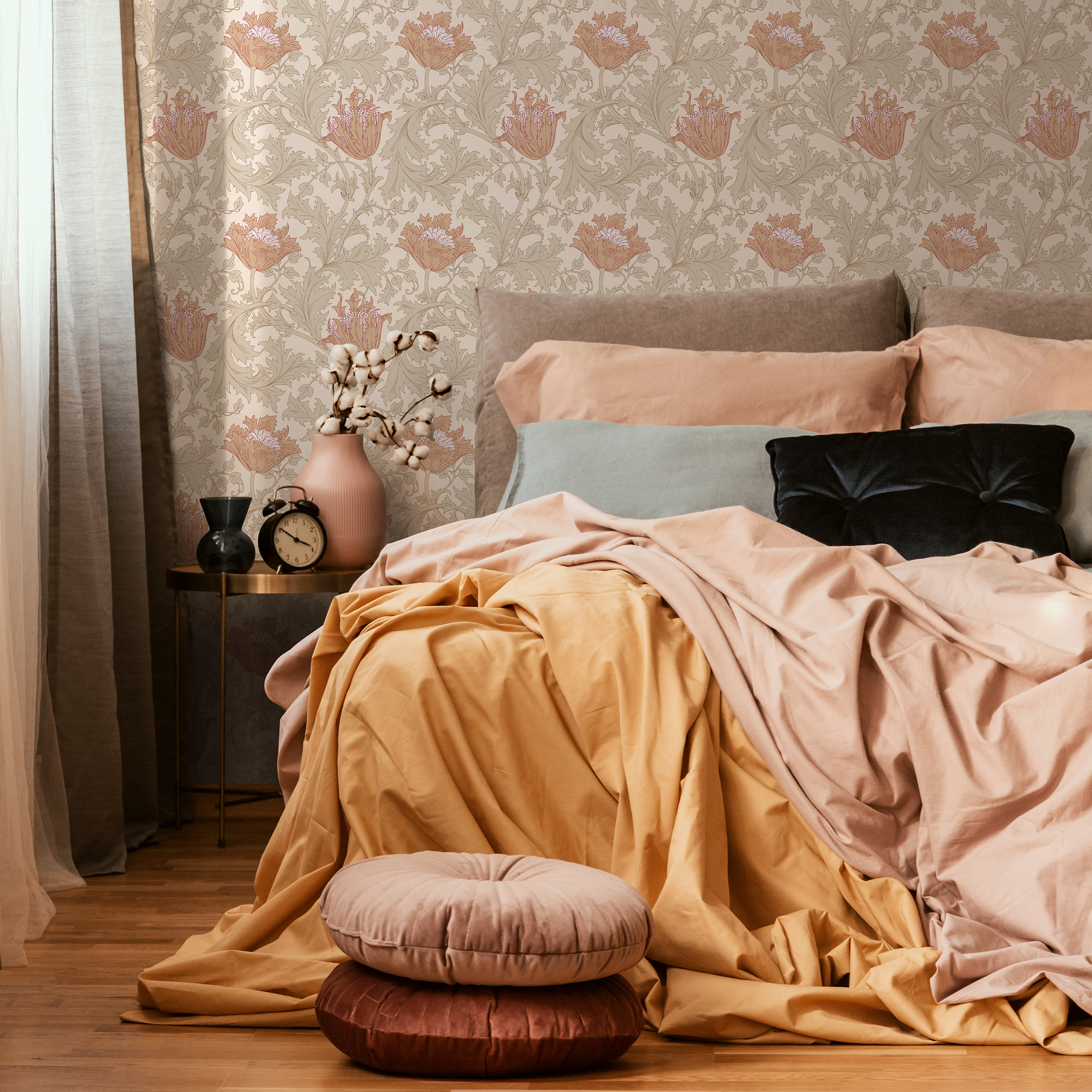 Art Nouveau Wallpaper with Stylized Tulips in Beige, Green, and Terracotta - C361