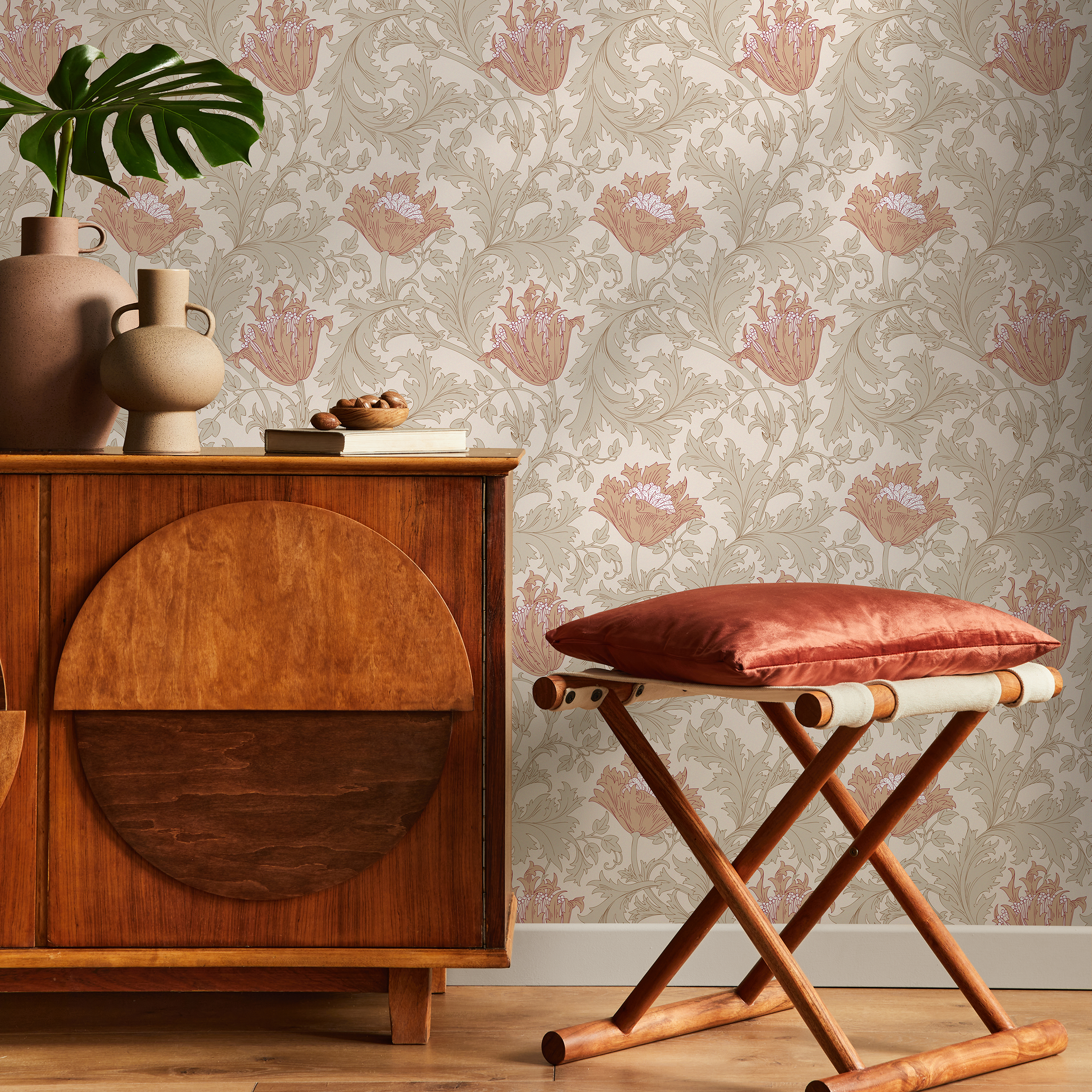 Art Nouveau Wallpaper with Stylized Tulips in Beige, Green, and Terracotta - C361