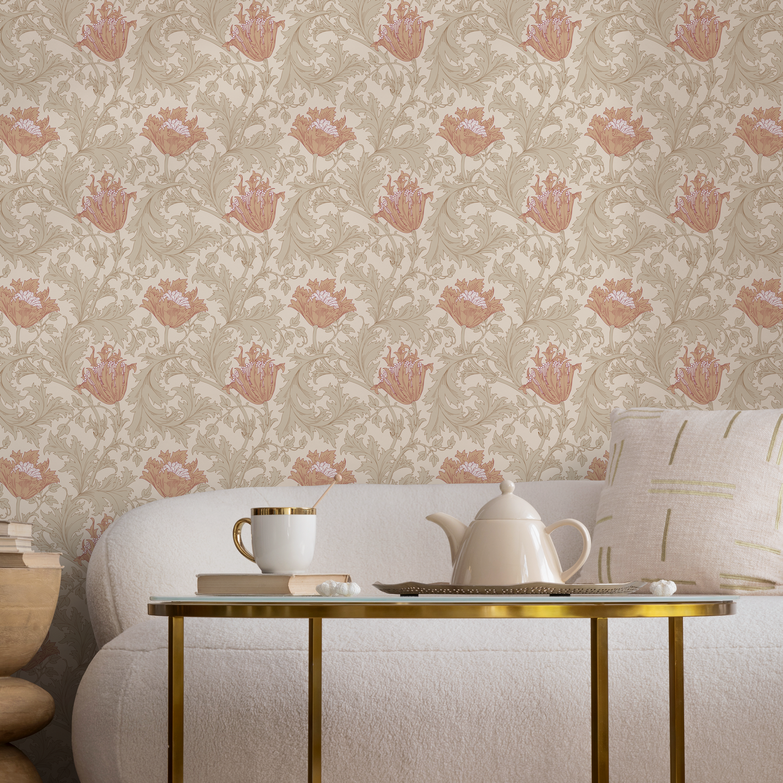 Art Nouveau Wallpaper with Stylized Tulips in Beige, Green, and Terracotta - C361