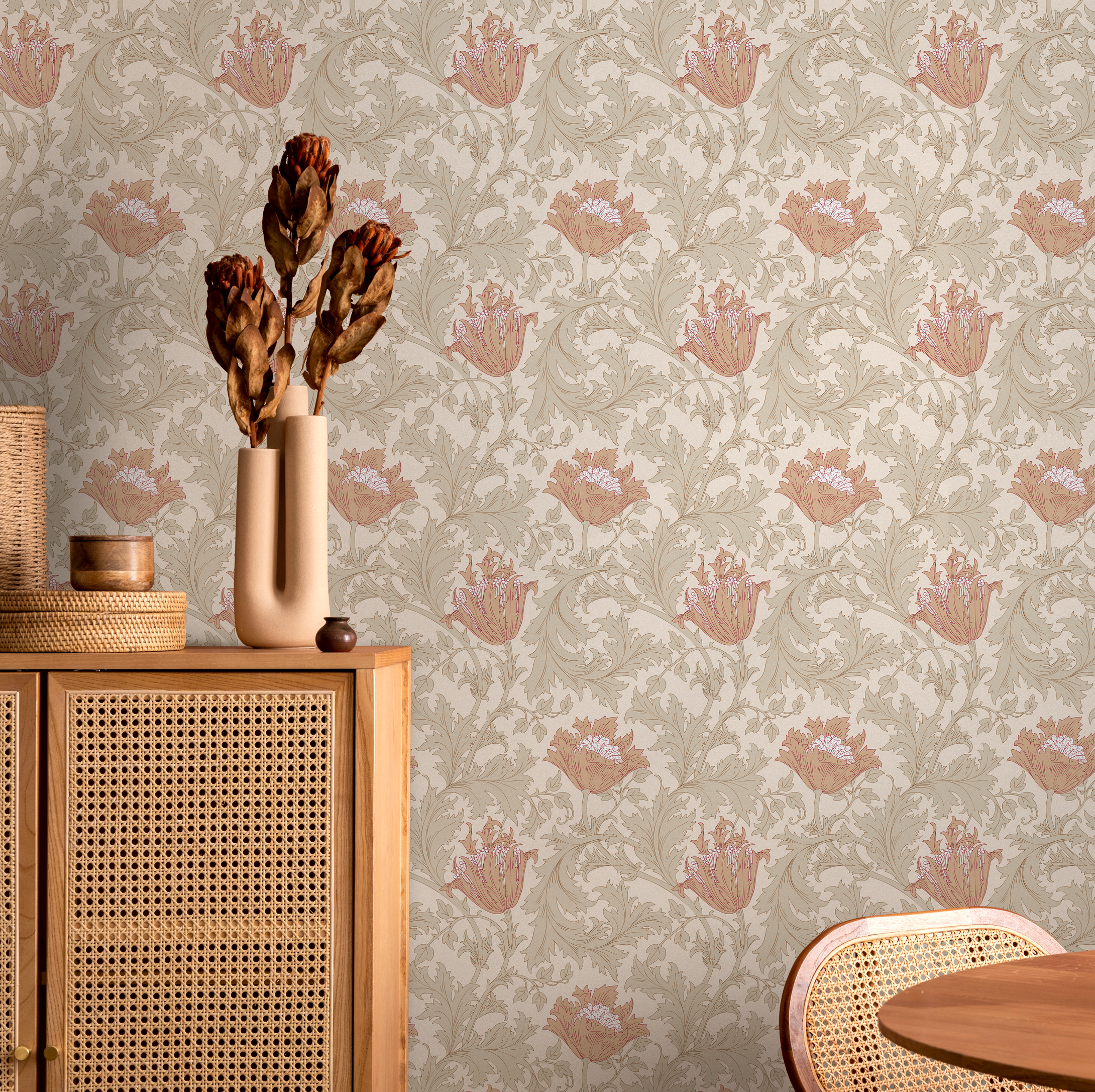 Art Nouveau Wallpaper with Stylized Tulips in Beige, Green, and Terracotta - C361