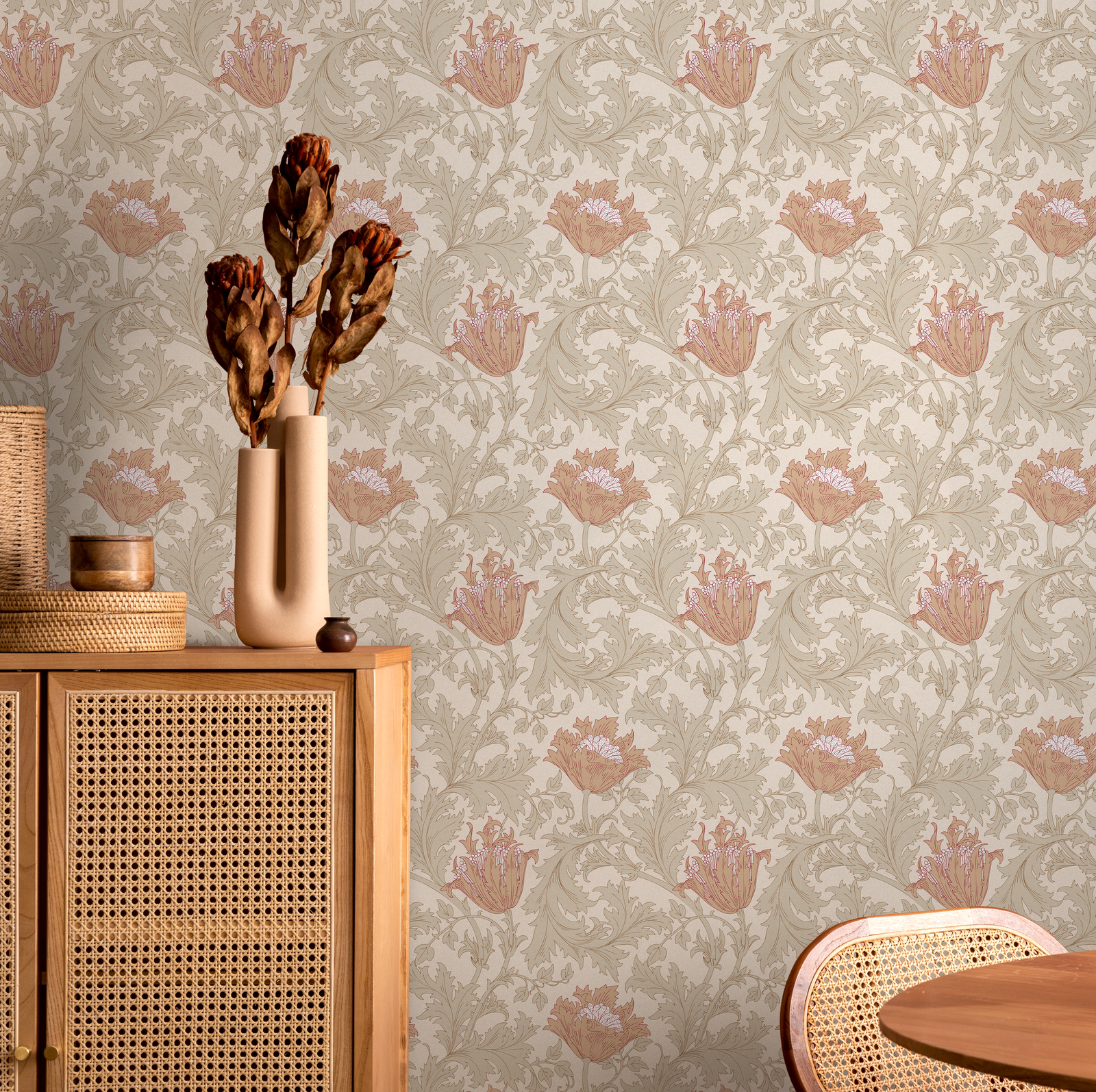Art Nouveau Wallpaper with Stylized Tulips in Beige, Green, and Terracotta - C361
