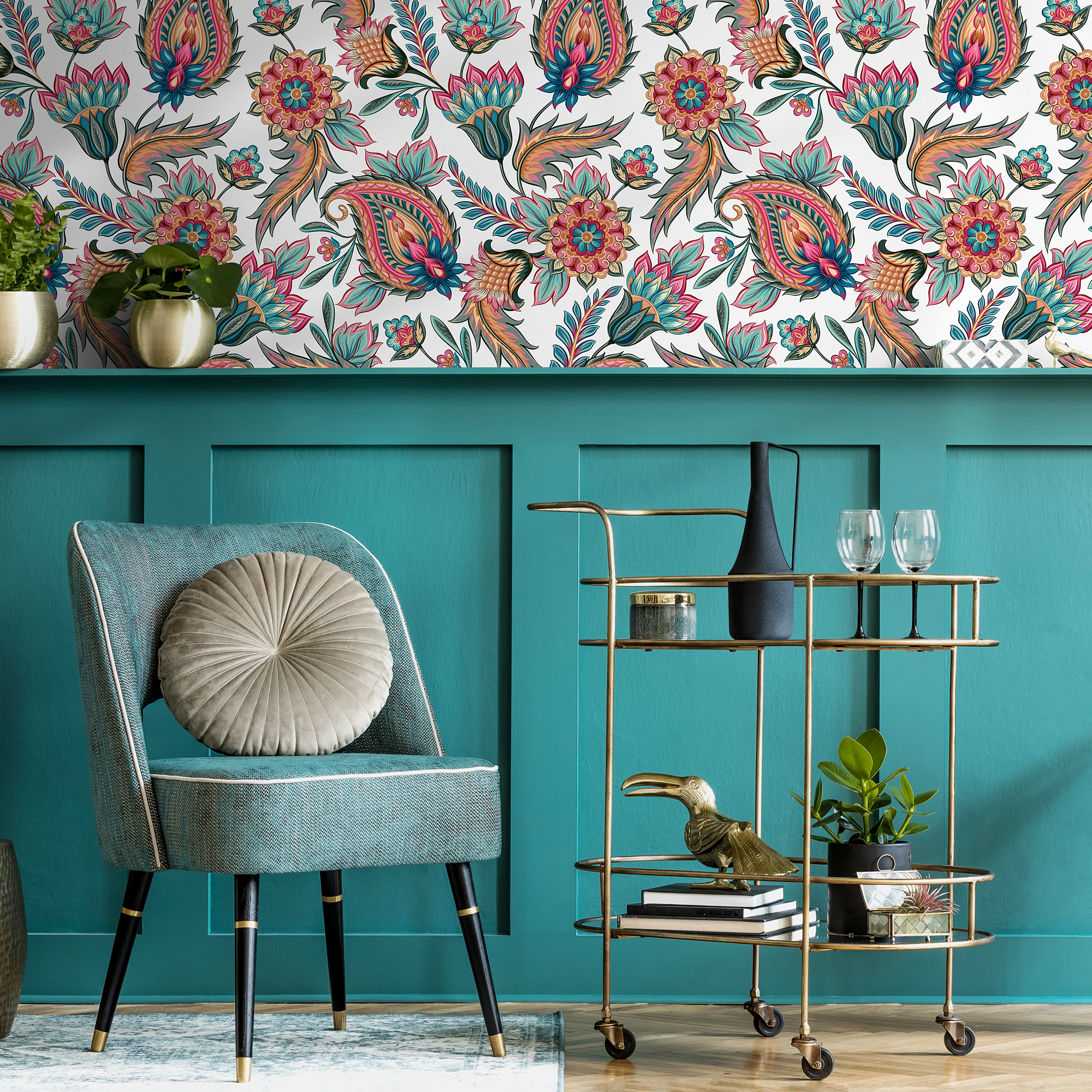 Paisley Wallpaper with Intricate Floral Motifs in Pink, Teal, and Orange - C554
