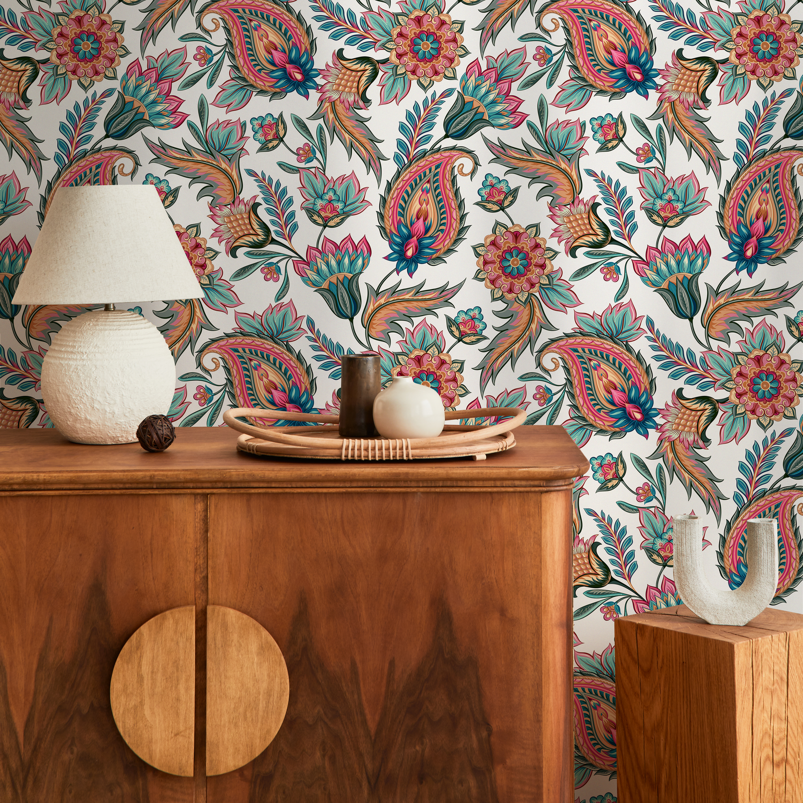 Paisley Wallpaper with Intricate Floral Motifs in Pink, Teal, and Orange - C554