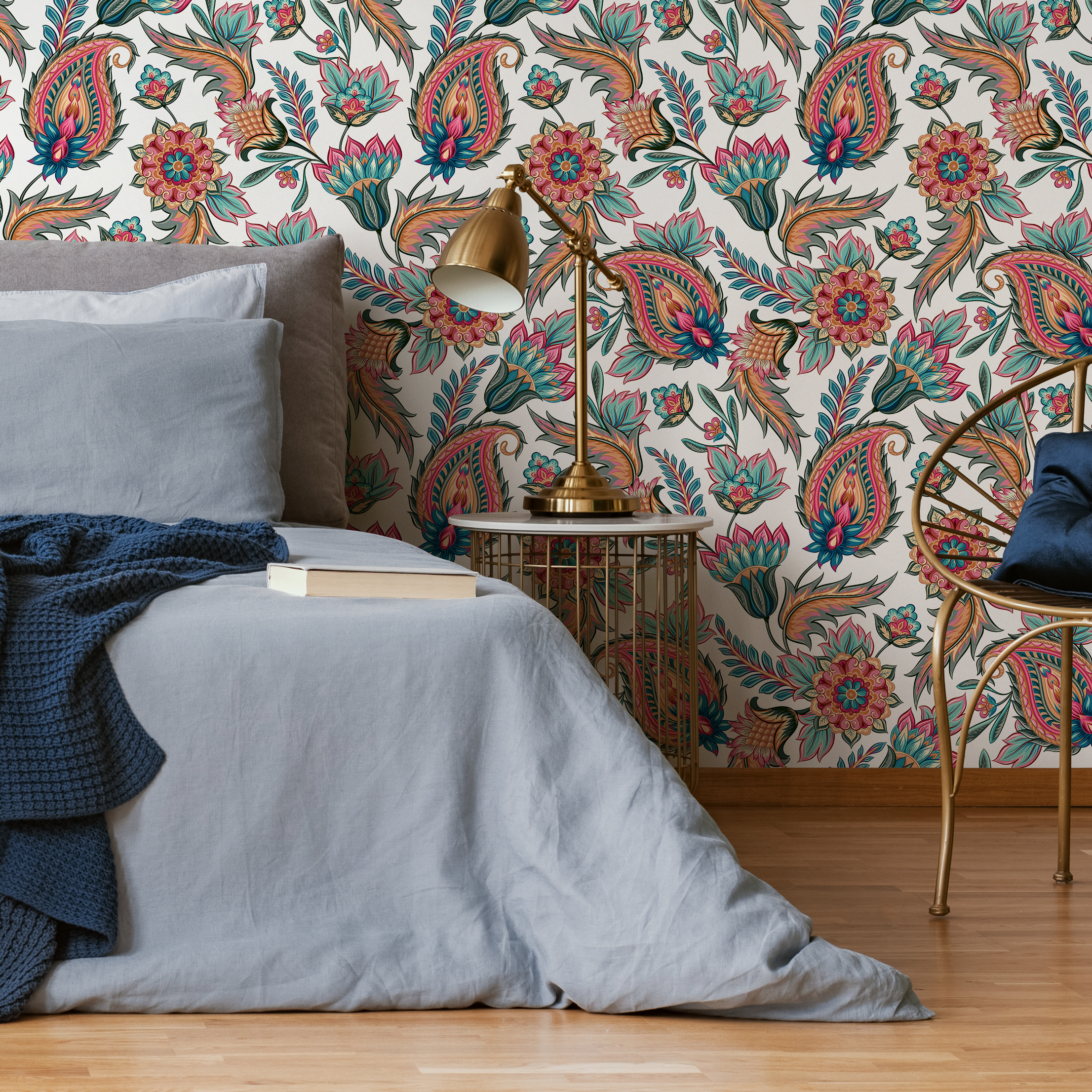 Paisley Wallpaper with Intricate Floral Motifs in Pink, Teal, and Orange - C554