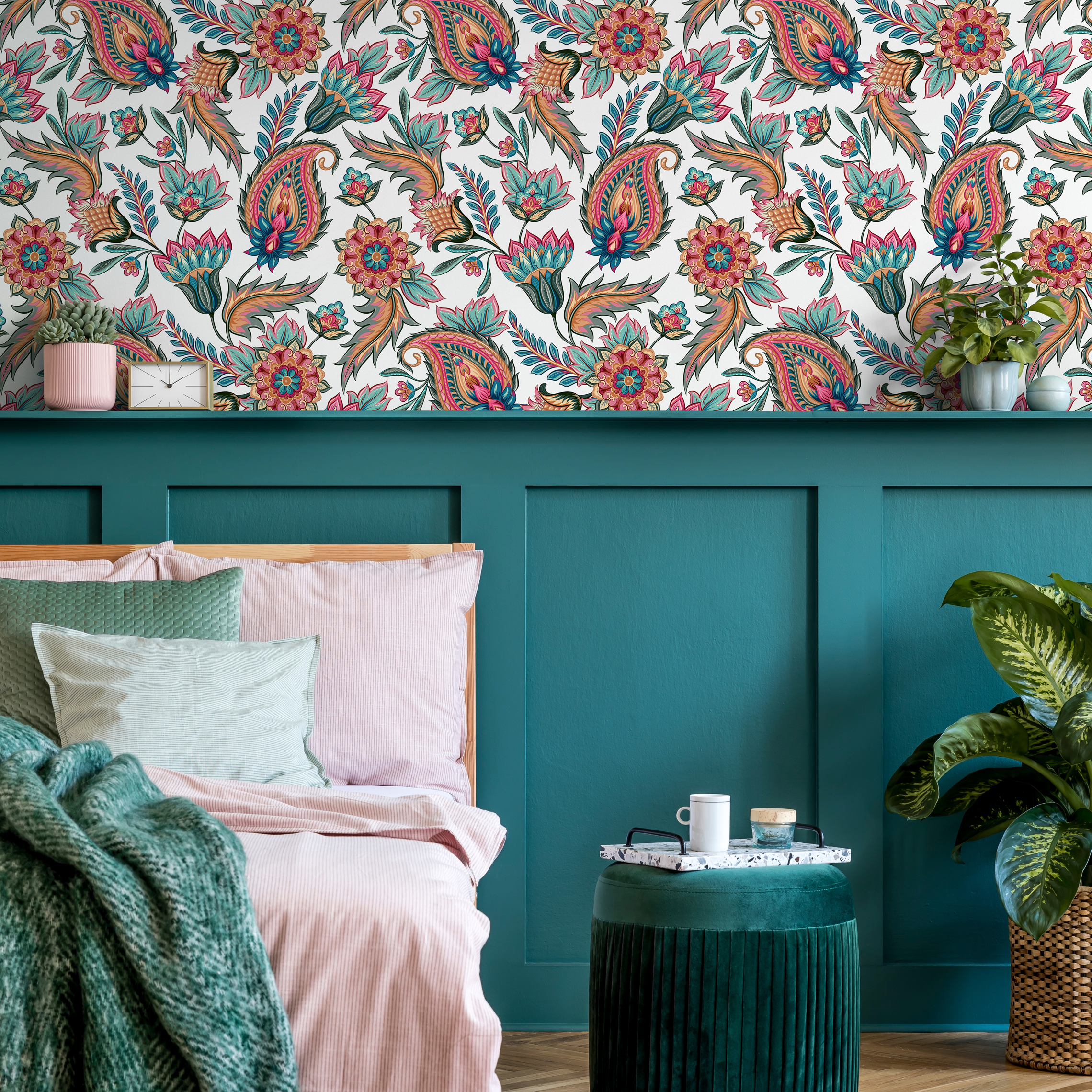 Paisley Wallpaper with Intricate Floral Motifs in Pink, Teal, and Orange - C554