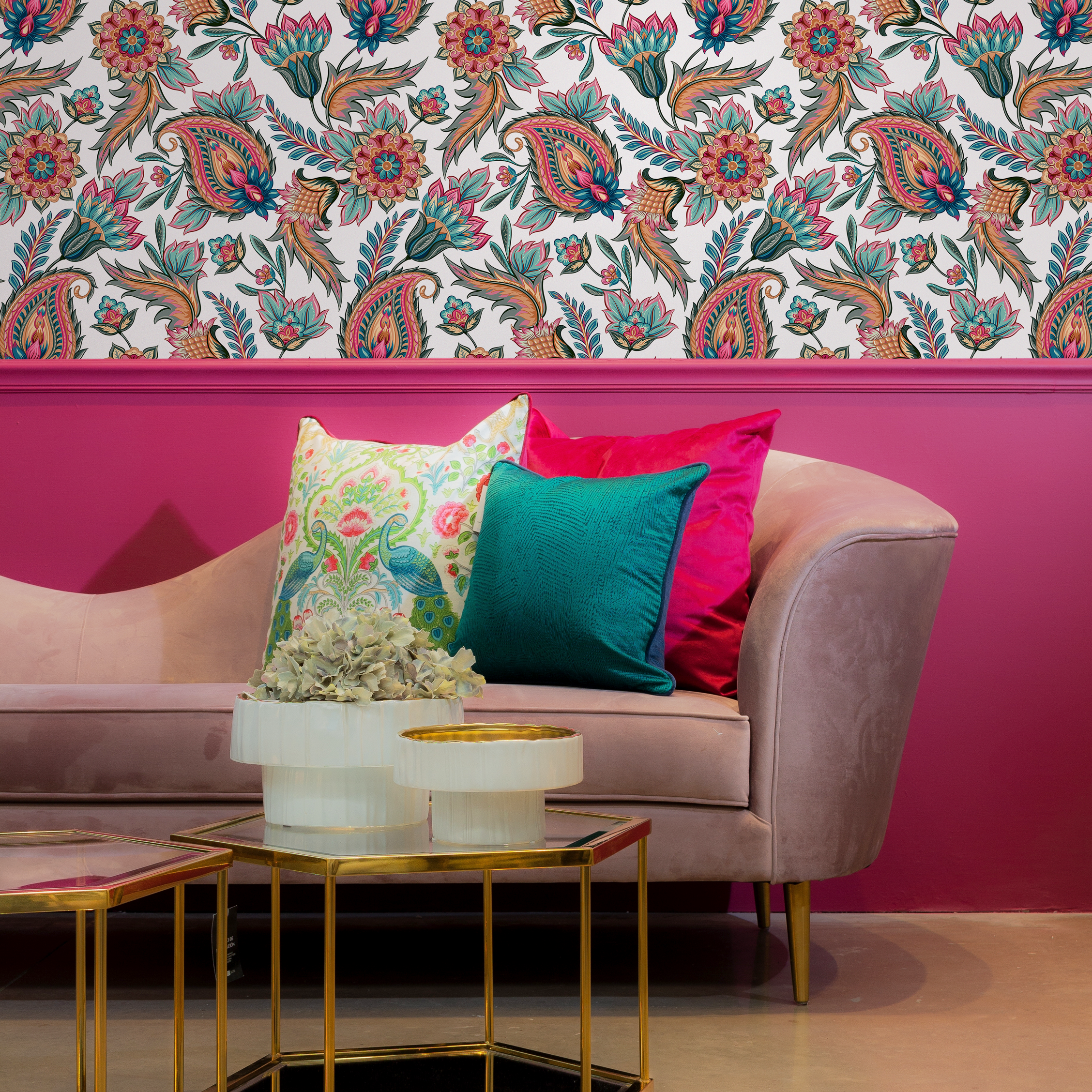 Paisley Wallpaper with Intricate Floral Motifs in Pink, Teal, and Orange - C554