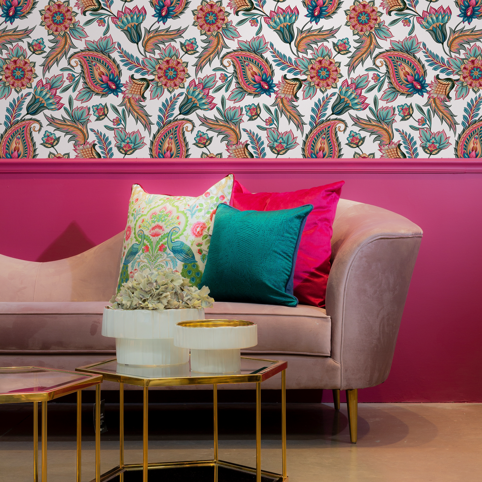 Paisley Wallpaper with Intricate Floral Motifs in Pink, Teal, and Orange - C554