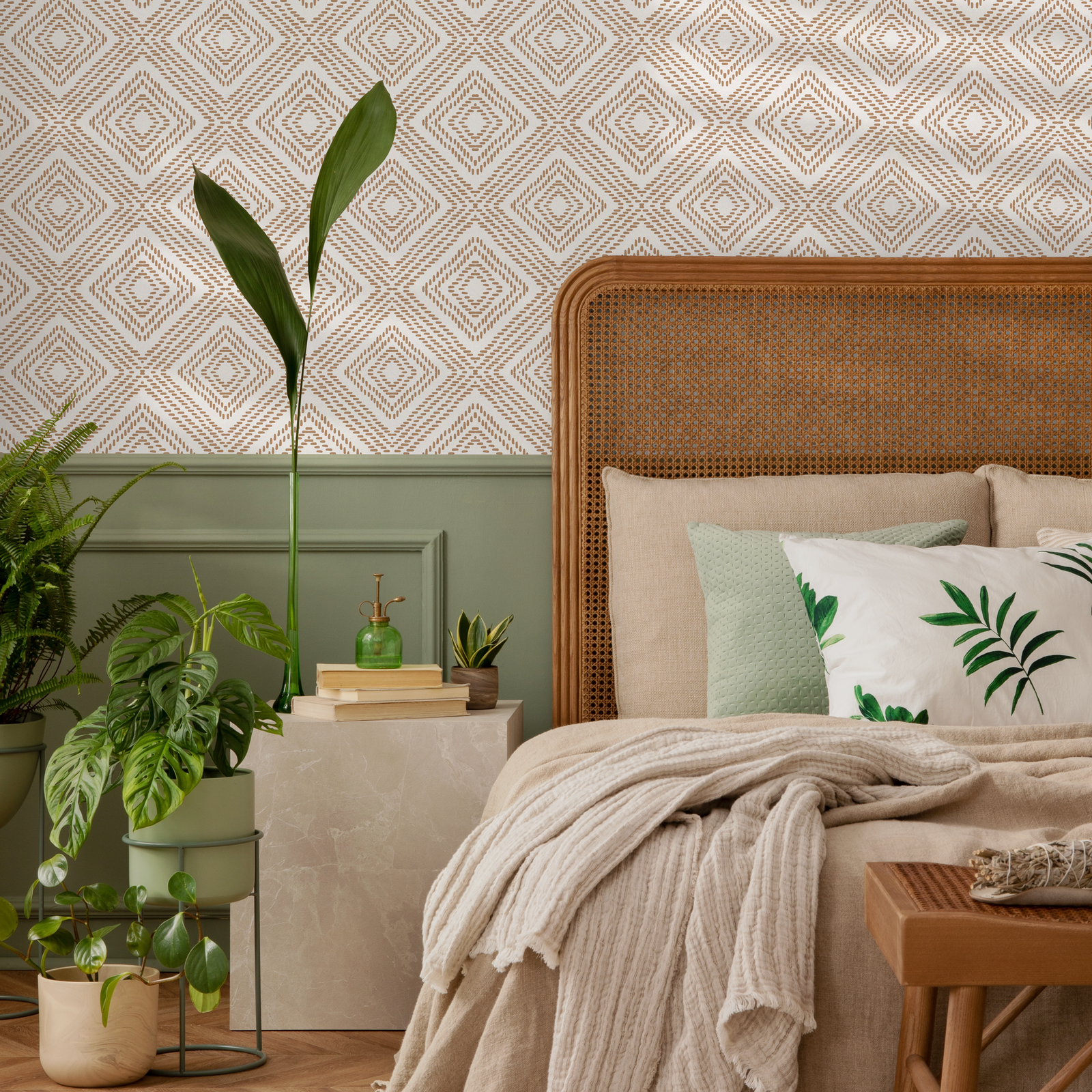 Geometric Wallpaper with a Dashed Diamond Pattern in Beige - C590