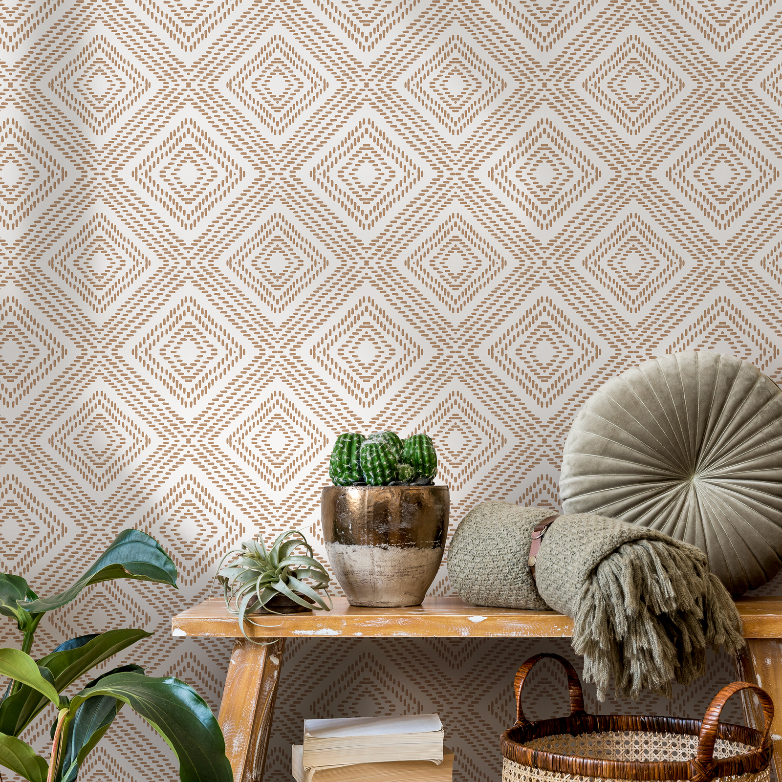Geometric Wallpaper with a Dashed Diamond Pattern in Beige - C590