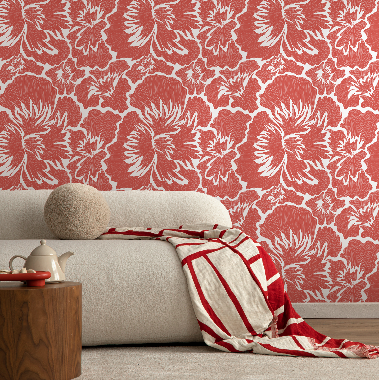 Floral Wallpaper with a Bold Hibiscus Motif in Coral - C678
