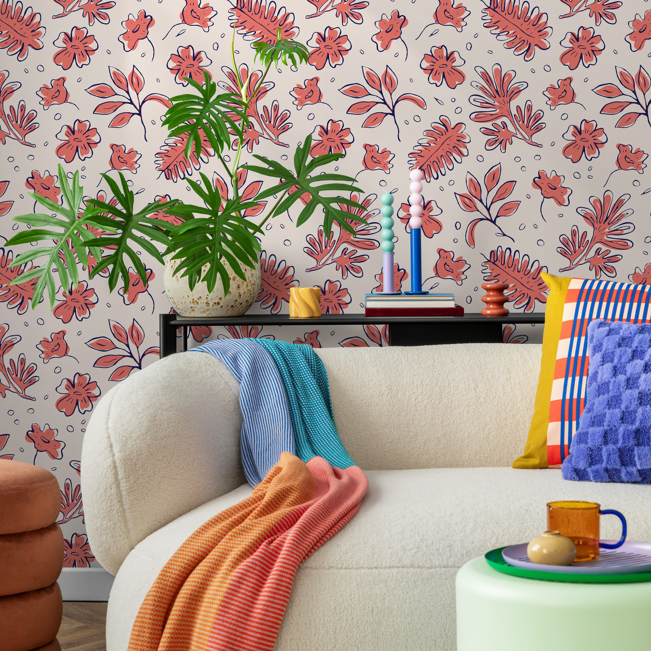 Floral Wallpaper with a Stylized Botanical Print in Pink, Beige, and Blue - C767