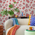 Floral Wallpaper with a Stylized Botanical Print in Pink, Beige, and Blue - C767