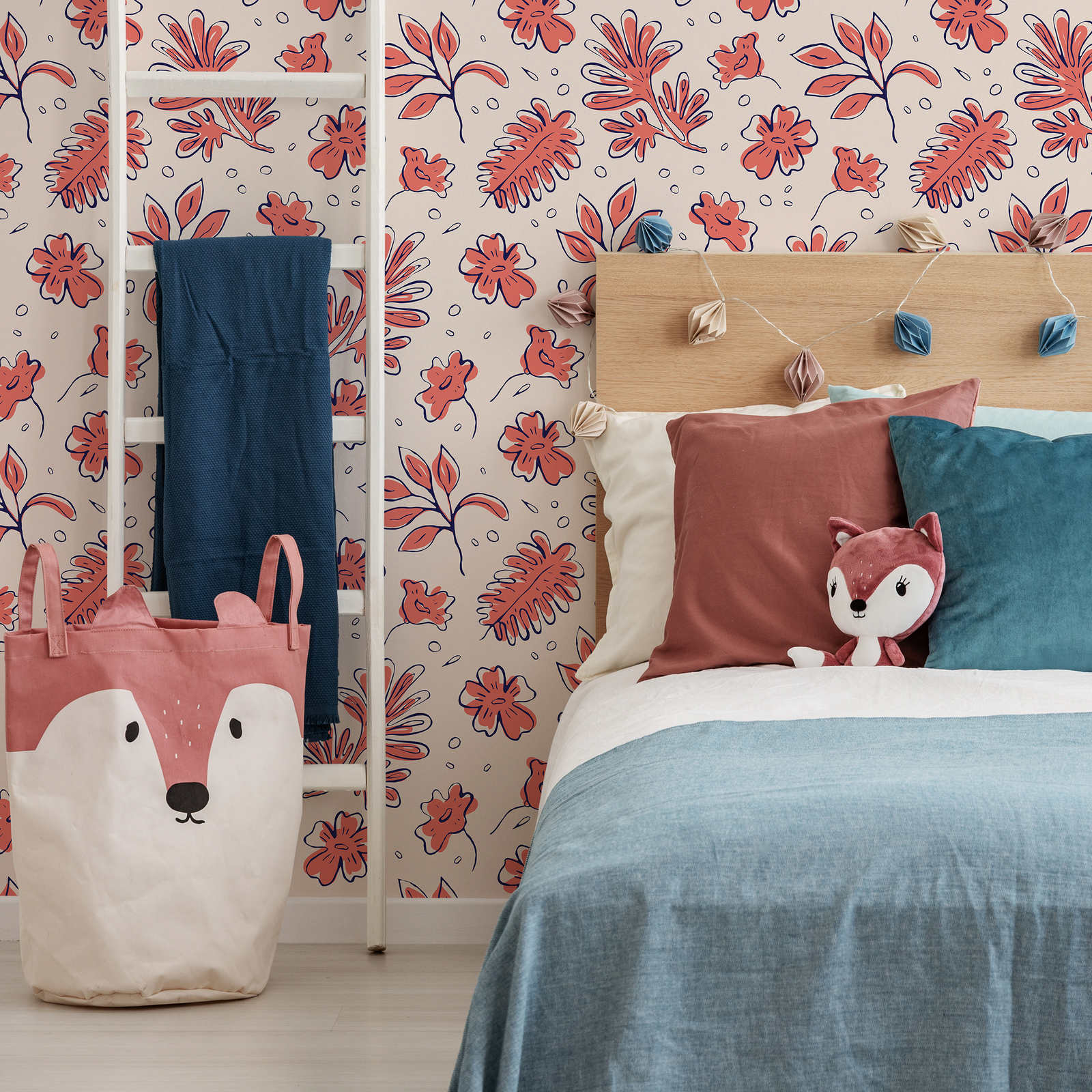 Floral Wallpaper with a Stylized Botanical Print in Pink, Beige, and Blue - C767