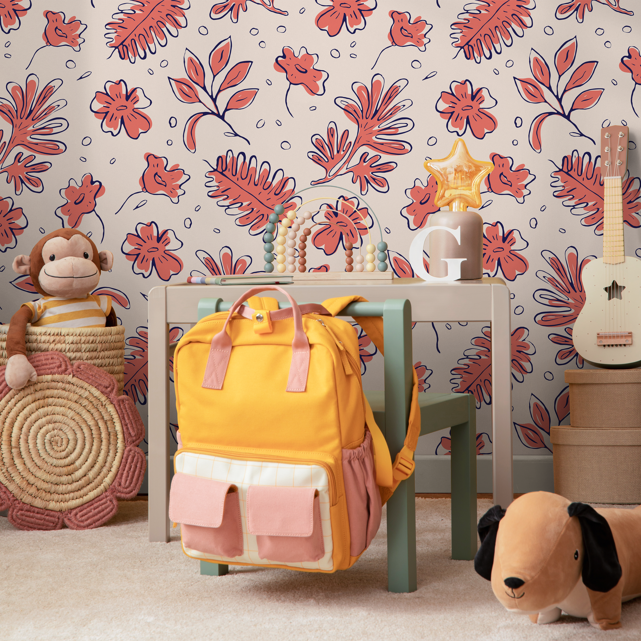 Floral Wallpaper with a Stylized Botanical Print in Pink, Beige, and Blue - C767