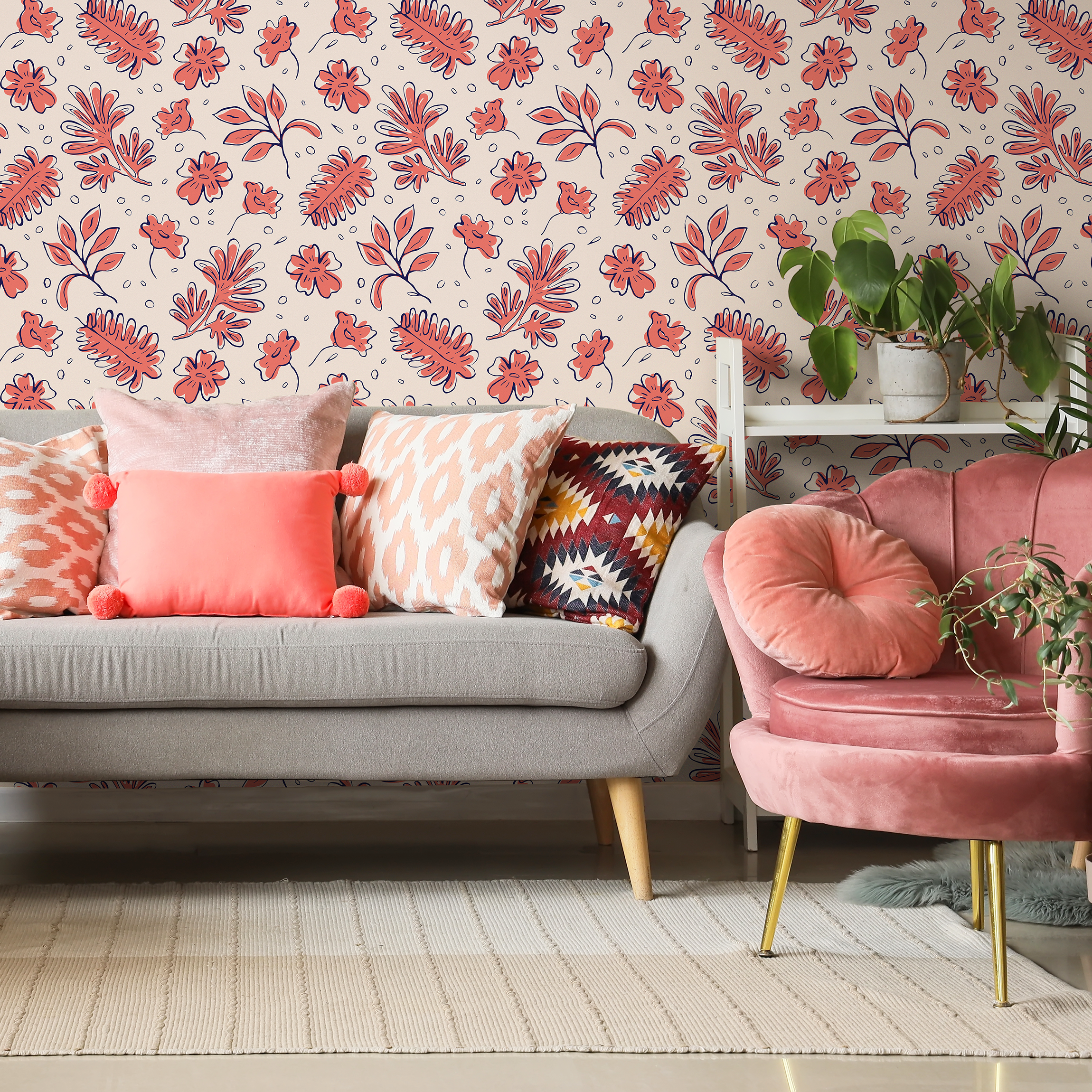 Floral Wallpaper with a Stylized Botanical Print in Pink, Beige, and Blue - C767