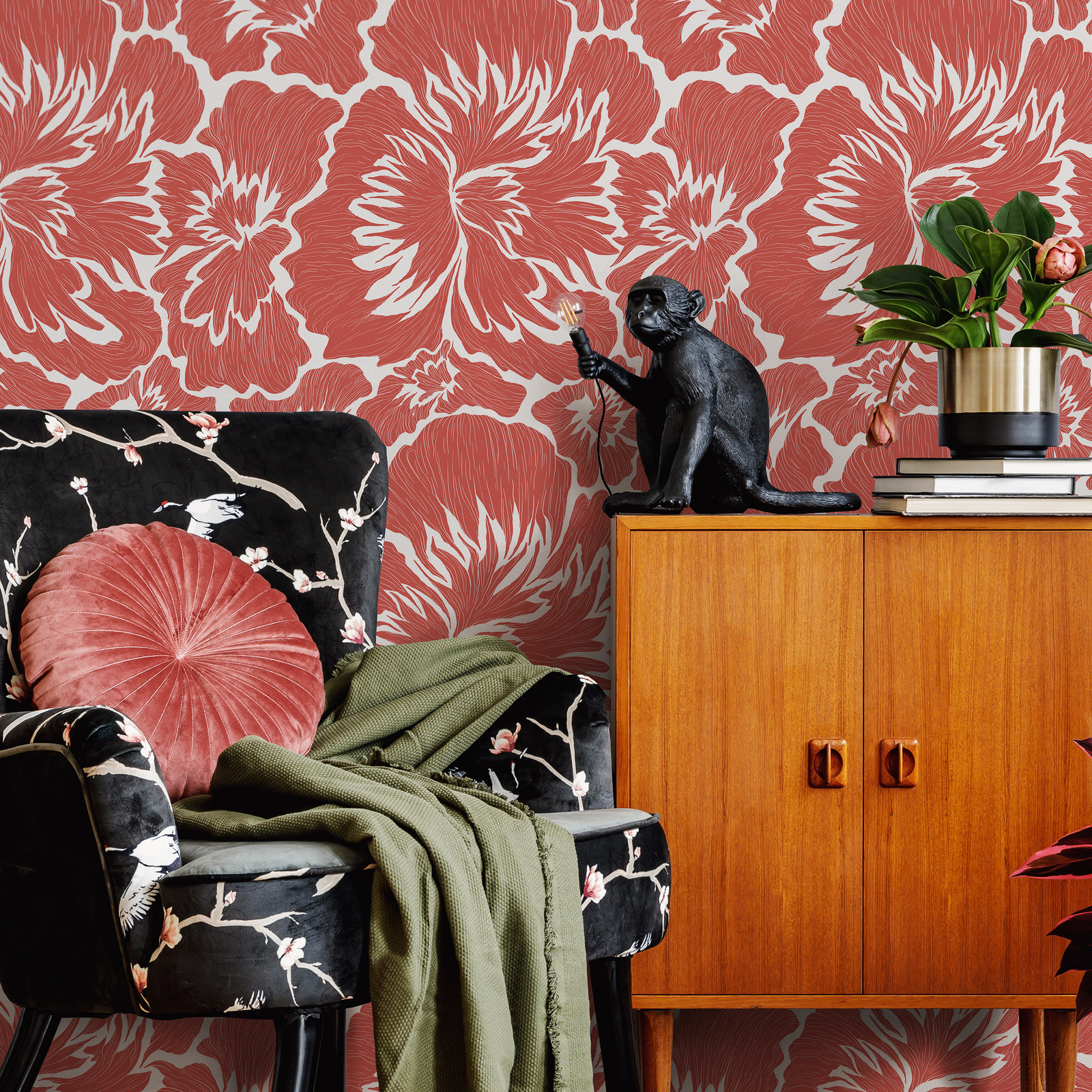 Floral Wallpaper with a Bold Hibiscus Motif in Coral - C678