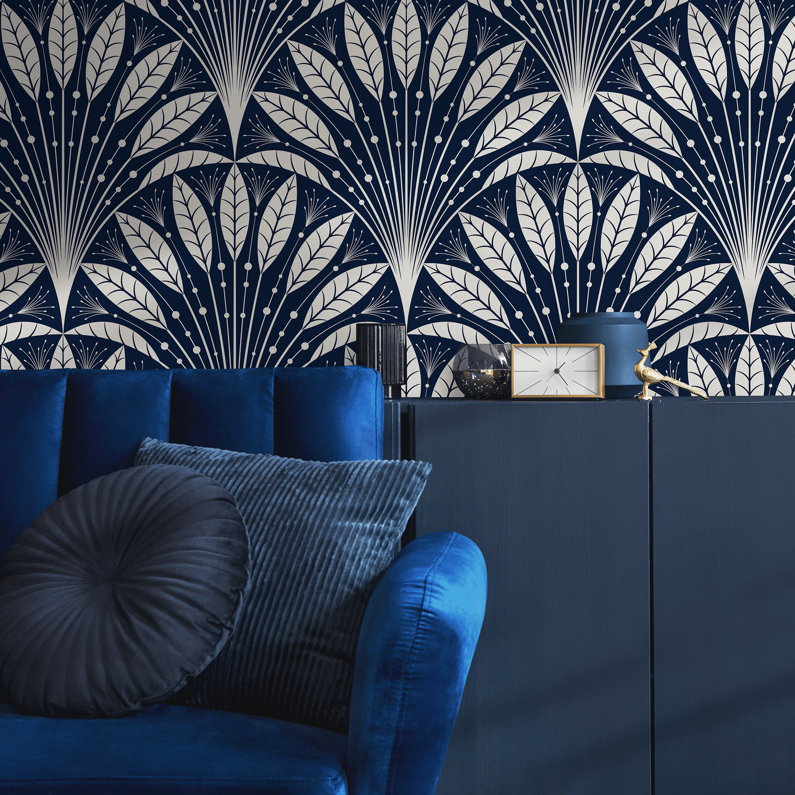 Art Deco Wallpaper with a Stylized Fan Motif in Navy Blue and Cream - C815