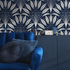 Art Deco Wallpaper with a Stylized Fan Motif in Navy Blue and Cream - C815