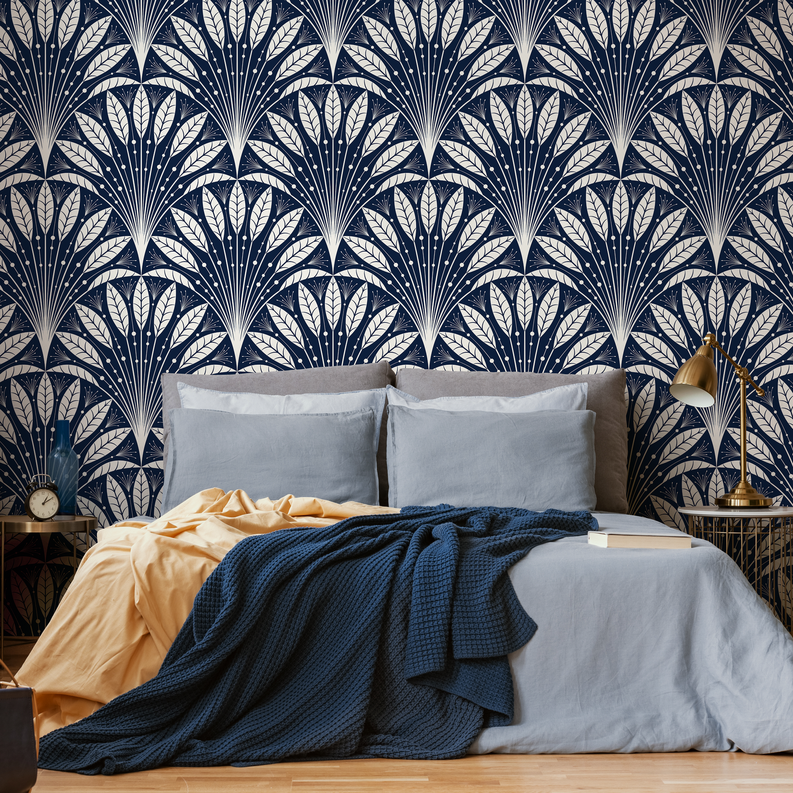 Art Deco Wallpaper with a Stylized Fan Motif in Navy Blue and Cream - C815