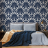 Art Deco Wallpaper with a Stylized Fan Motif in Navy Blue and Cream - C815