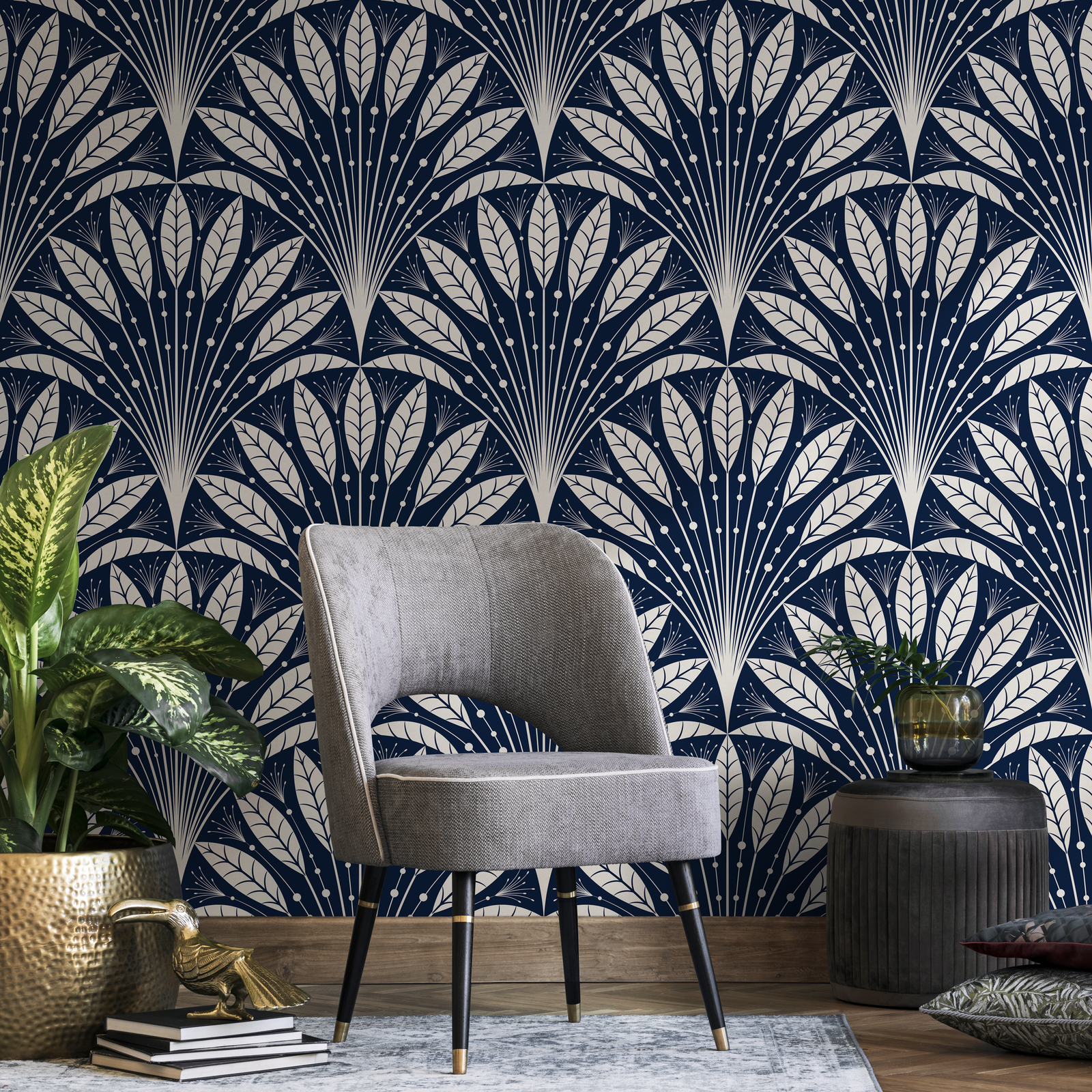 Art Deco Wallpaper with a Stylized Fan Motif in Navy Blue and Cream - C815