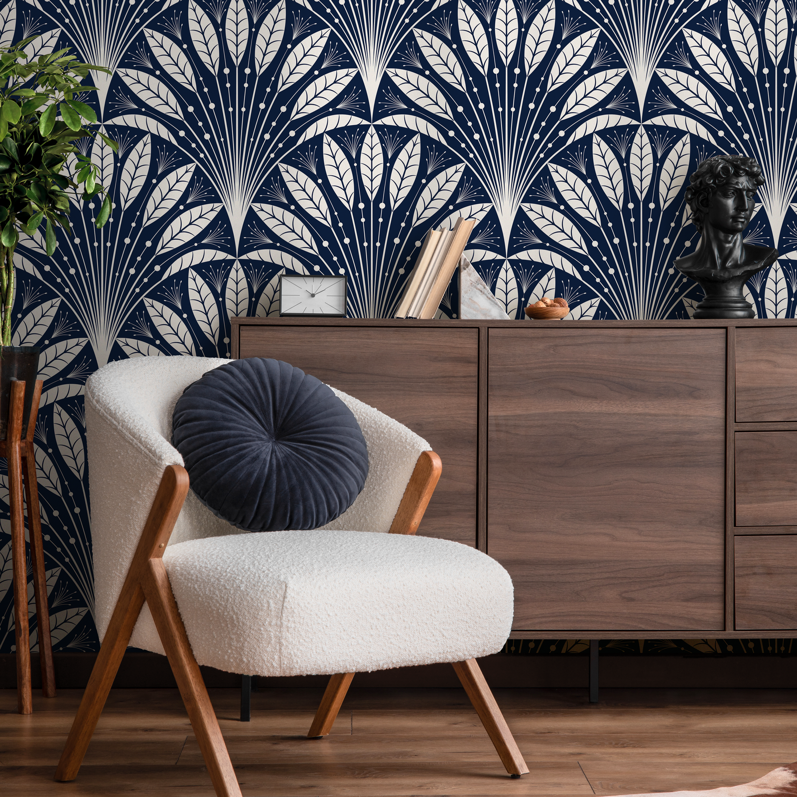 Art Deco Wallpaper with a Stylized Fan Motif in Navy Blue and Cream - C815