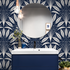 Art Deco Wallpaper with a Stylized Fan Motif in Navy Blue and Cream - C815