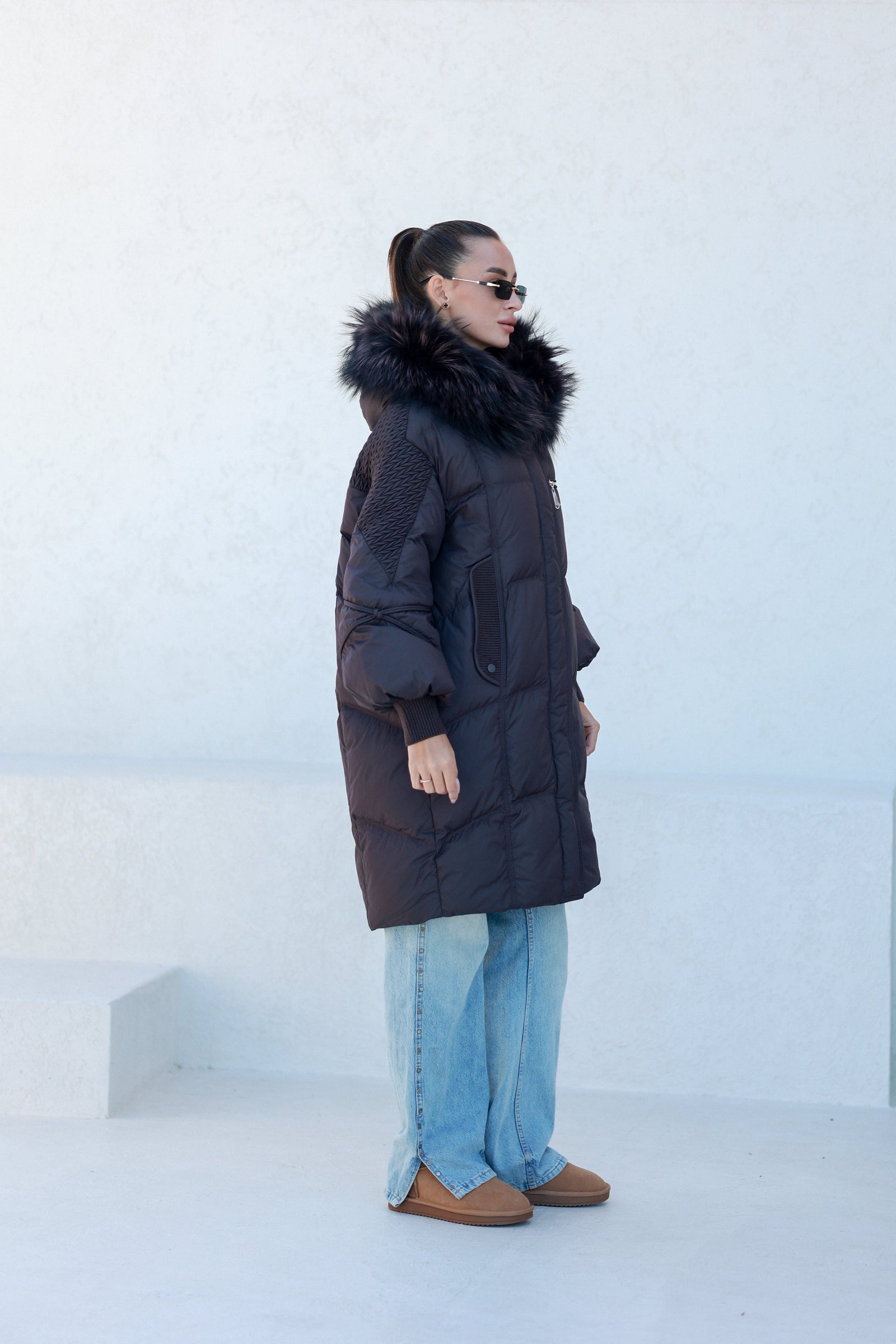 Dakota Genuine Fur Trim Down Fill Coat in Fig