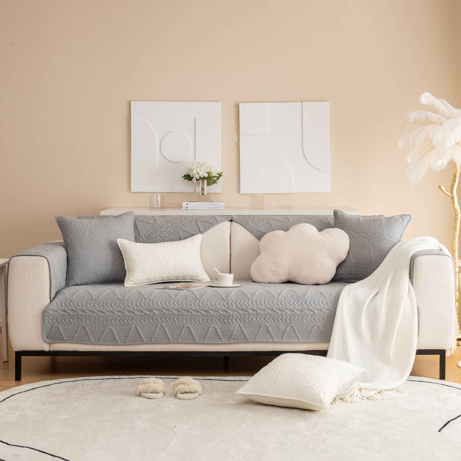 Geometric Textured Cotton Quilted Sofa Cover, Non-Slip Washable Couch Protector